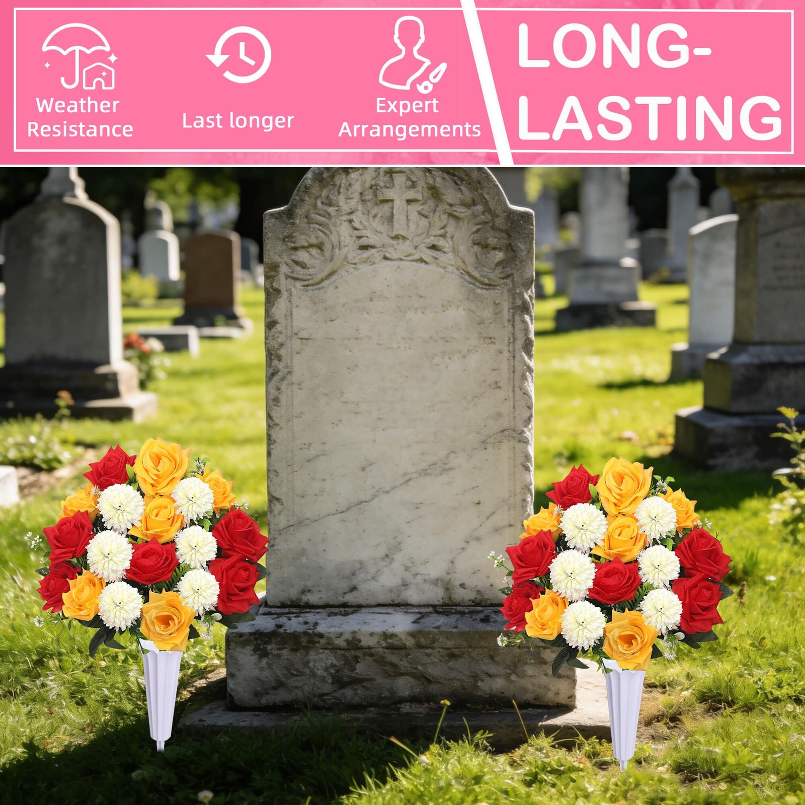 Set of 2 Artificial Bouquet Grave Memorial Flowers with Vase, Realistic Vibra…