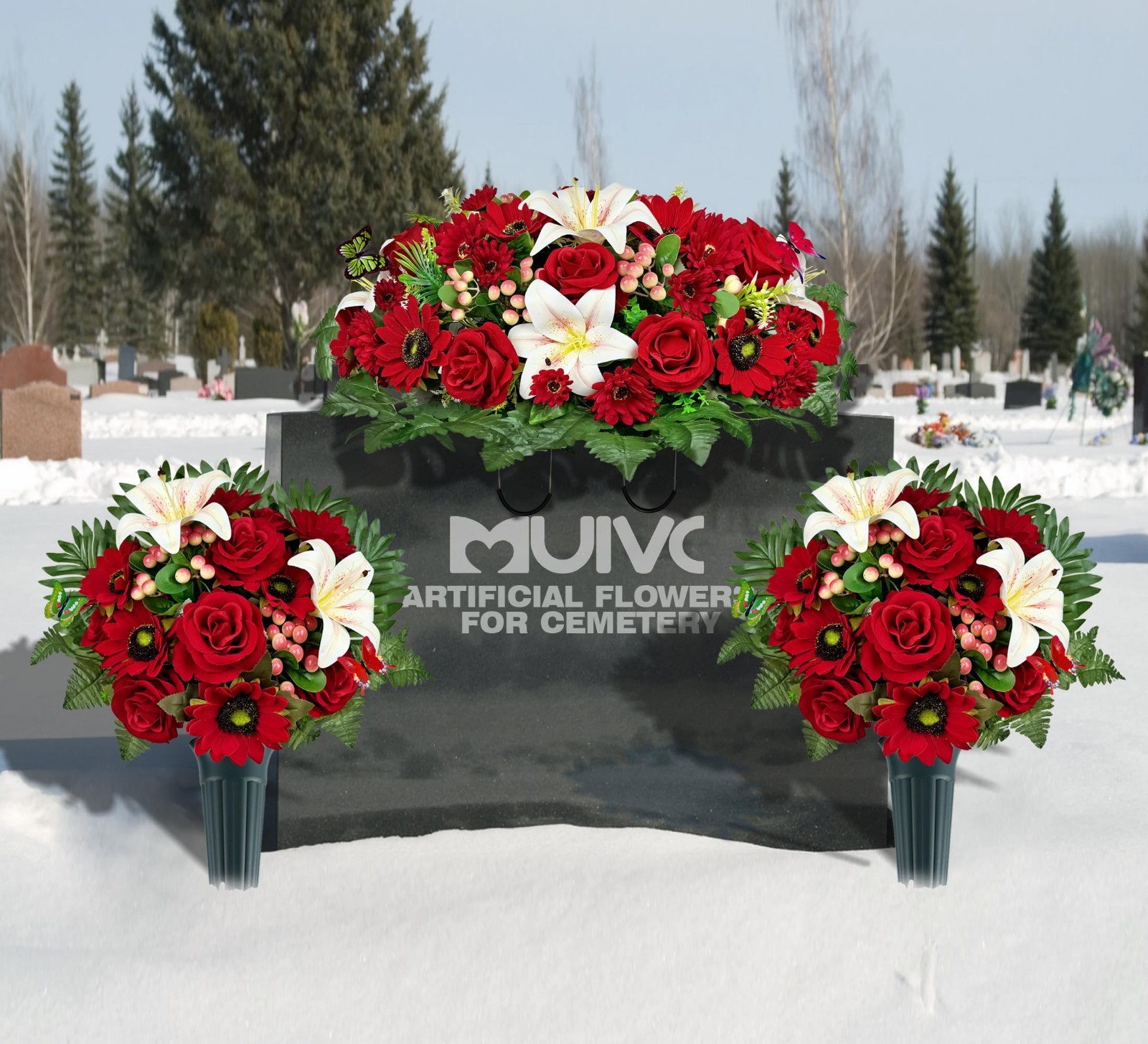 Artificial Cemetery Flower Bouquets – 3-Piece Headstone Saddle Set, Colorfast Ro
