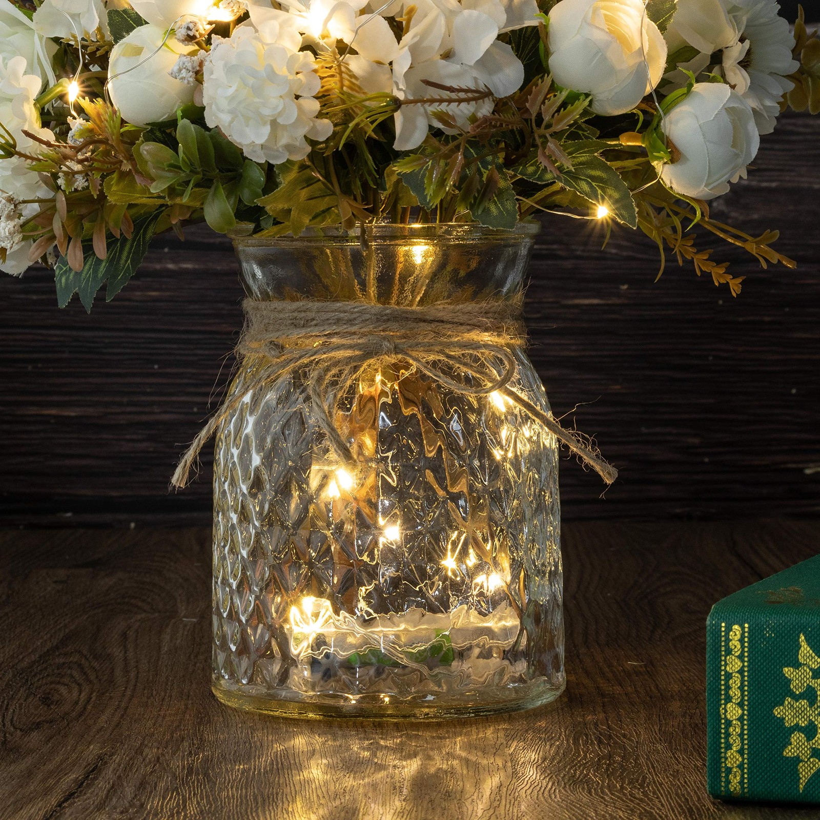 Aitificial LED White Rose Flowers with Glass Vase, Flower Arrangement for Table