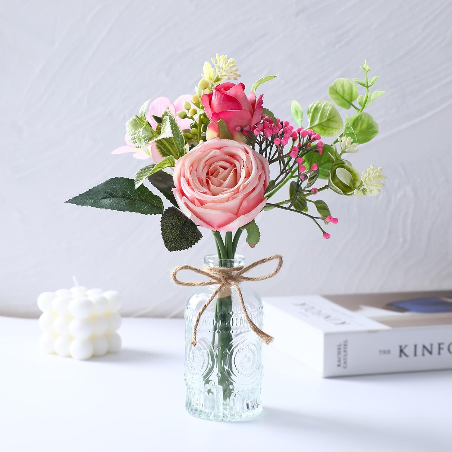 Flowers Bouquet in Small Vase – Pink Rose Artificial Fake Centerpiece Potted