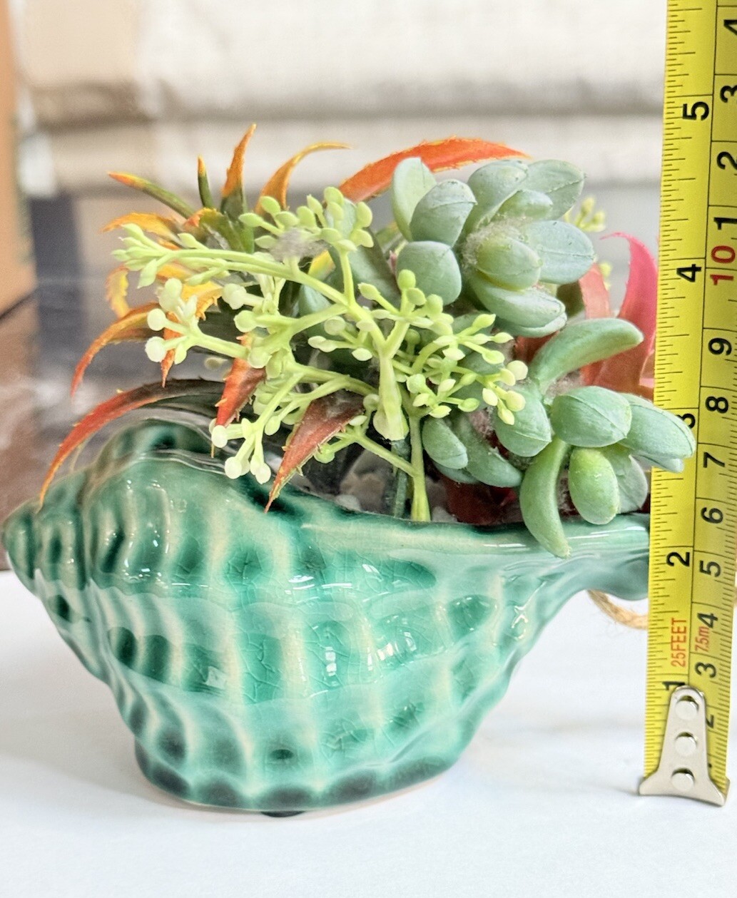Fake Assorted Plants Faux Succulents in VTG Seashell Hanging Pot Realistic Plant