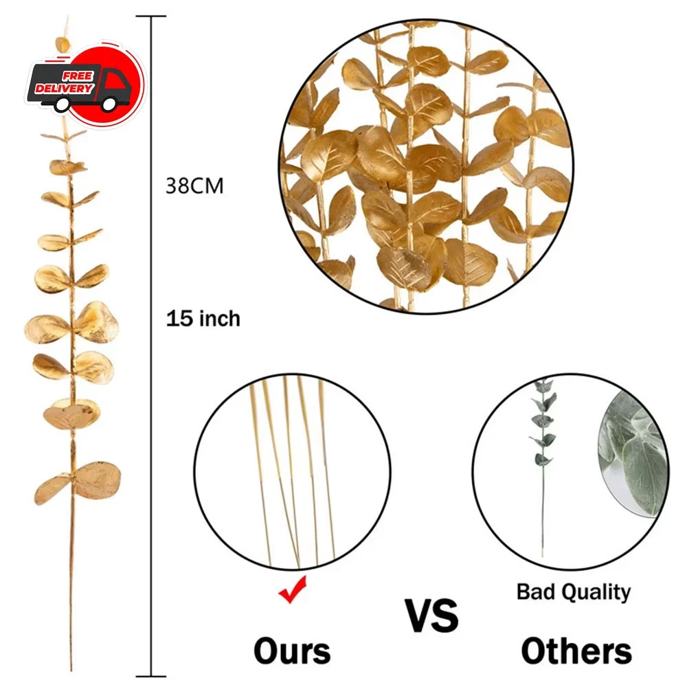 5PCS Gold Artificial Eucalyptus Eucalyptus Branch Stems Wedding Home Greenery De