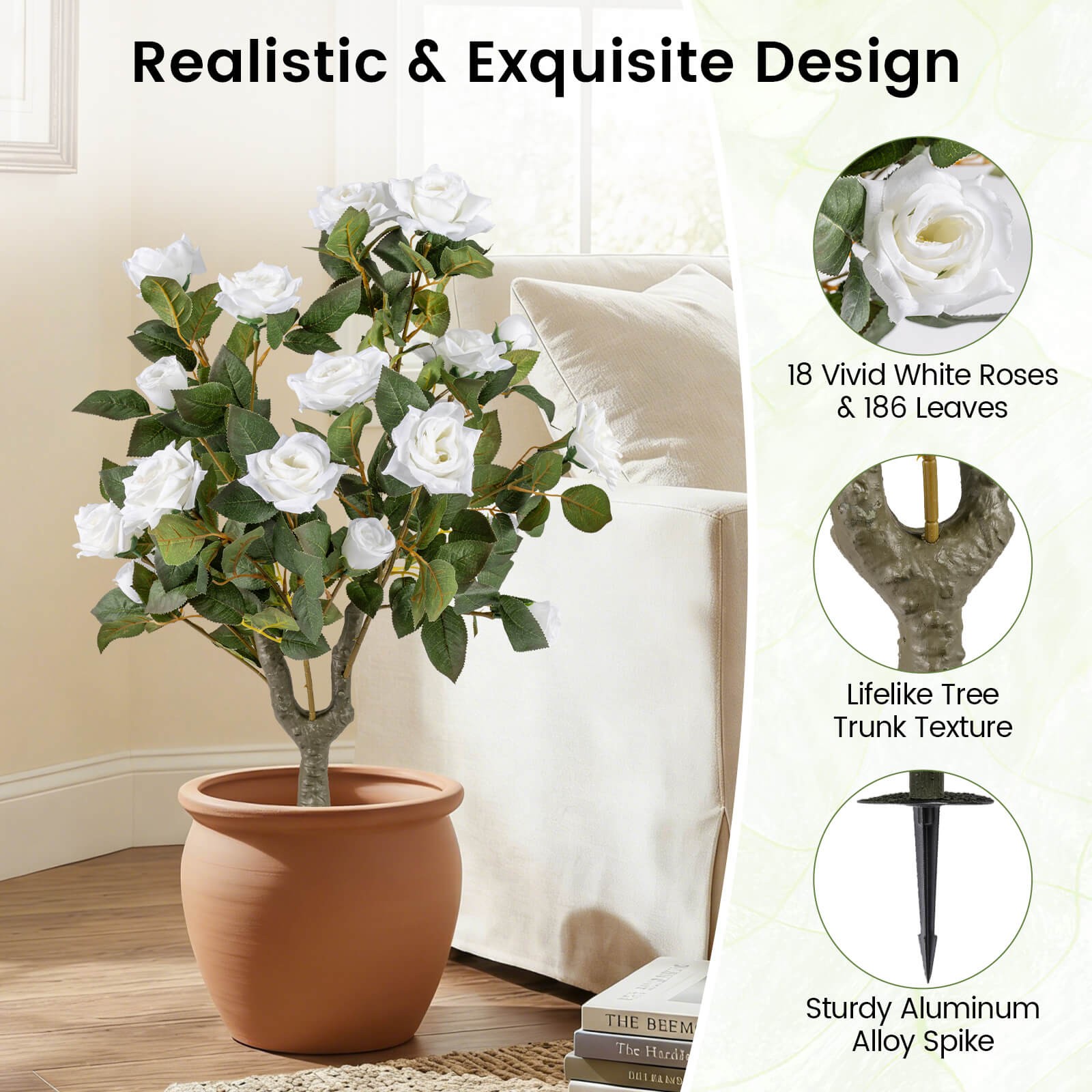 2 Pack Artificial Rose Flower Trees,31.5″ w/Spikes,186 Leaves & 18 White Flowers