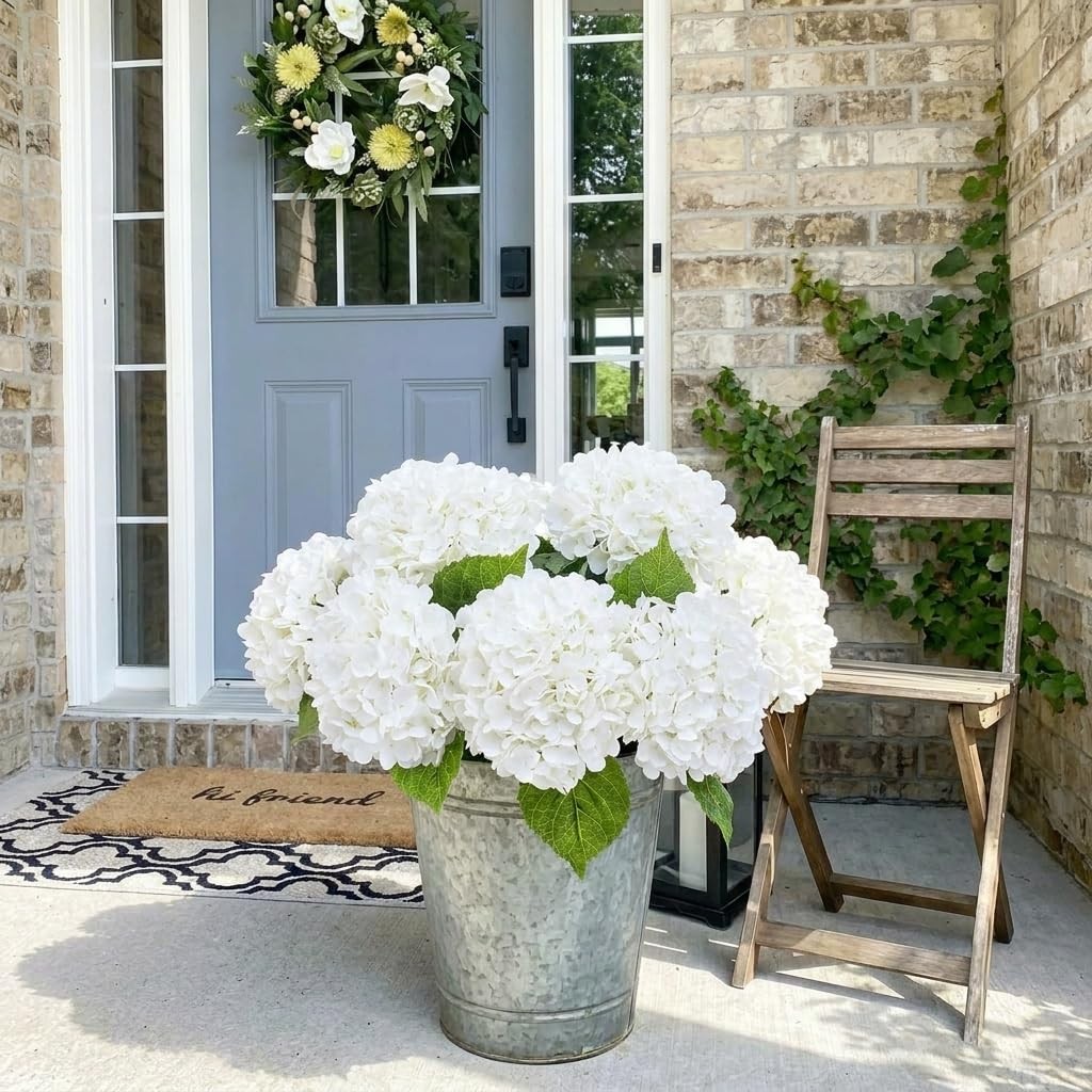21″ Real Touch White Hydrangea Artificial Flowers with Long Stem & Leaves, Fu…