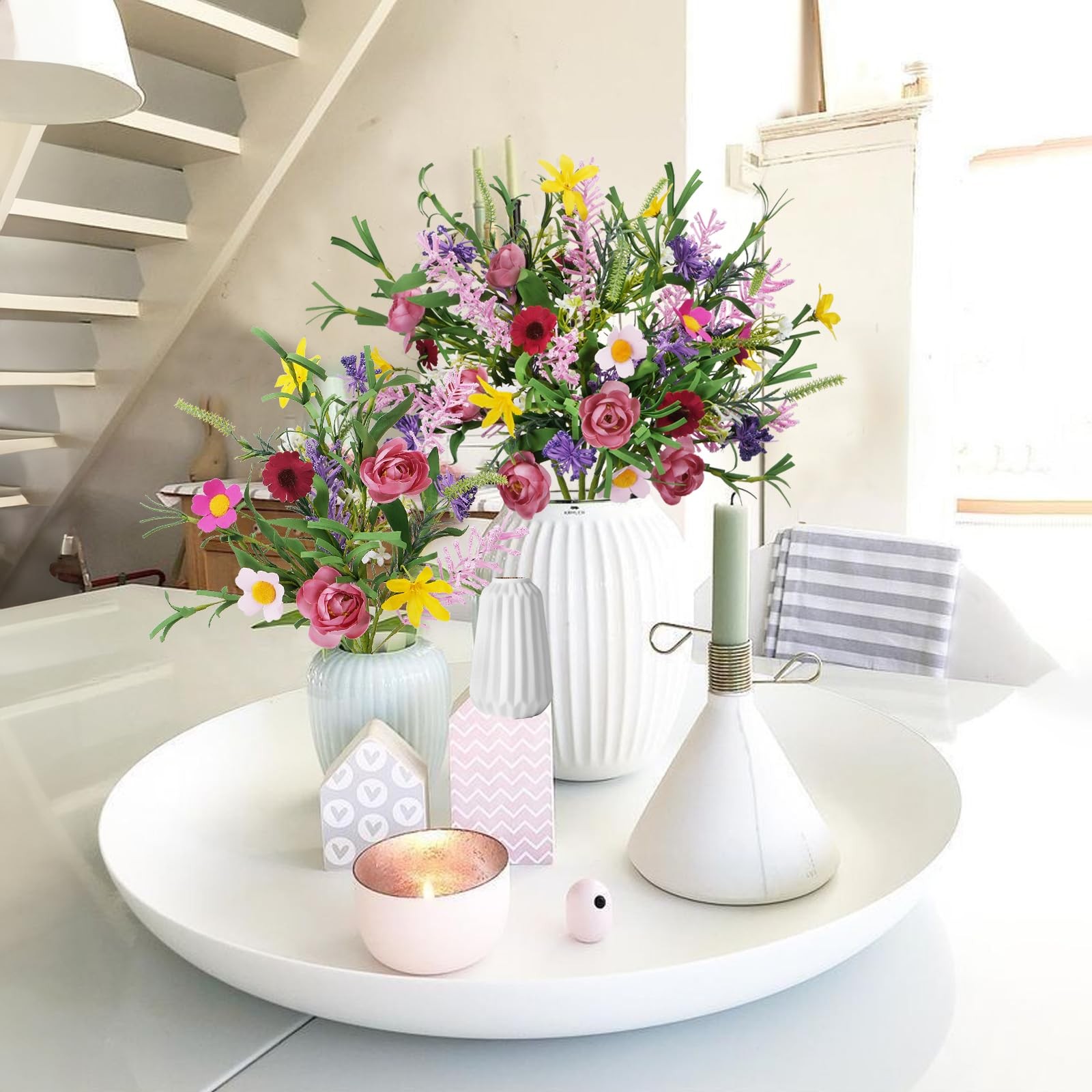 3 Bundles Artificial Flowers Decoration Faux Roses Bouquet Daisies Silk 19.6in