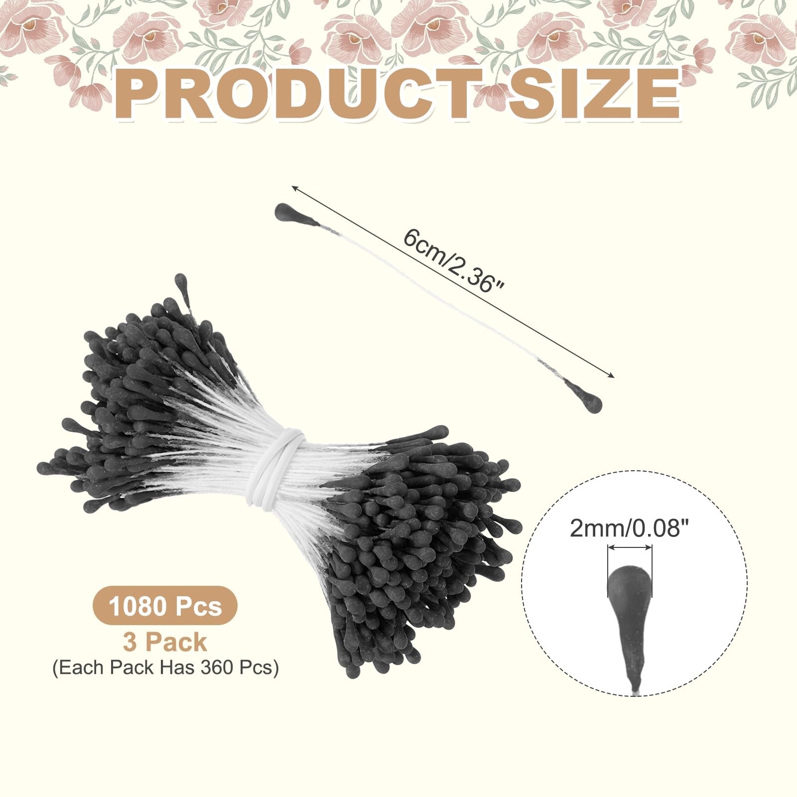 1080 PCS 2mm Flower Stamens Matte Artificial Floral Pistil Double Head Black
