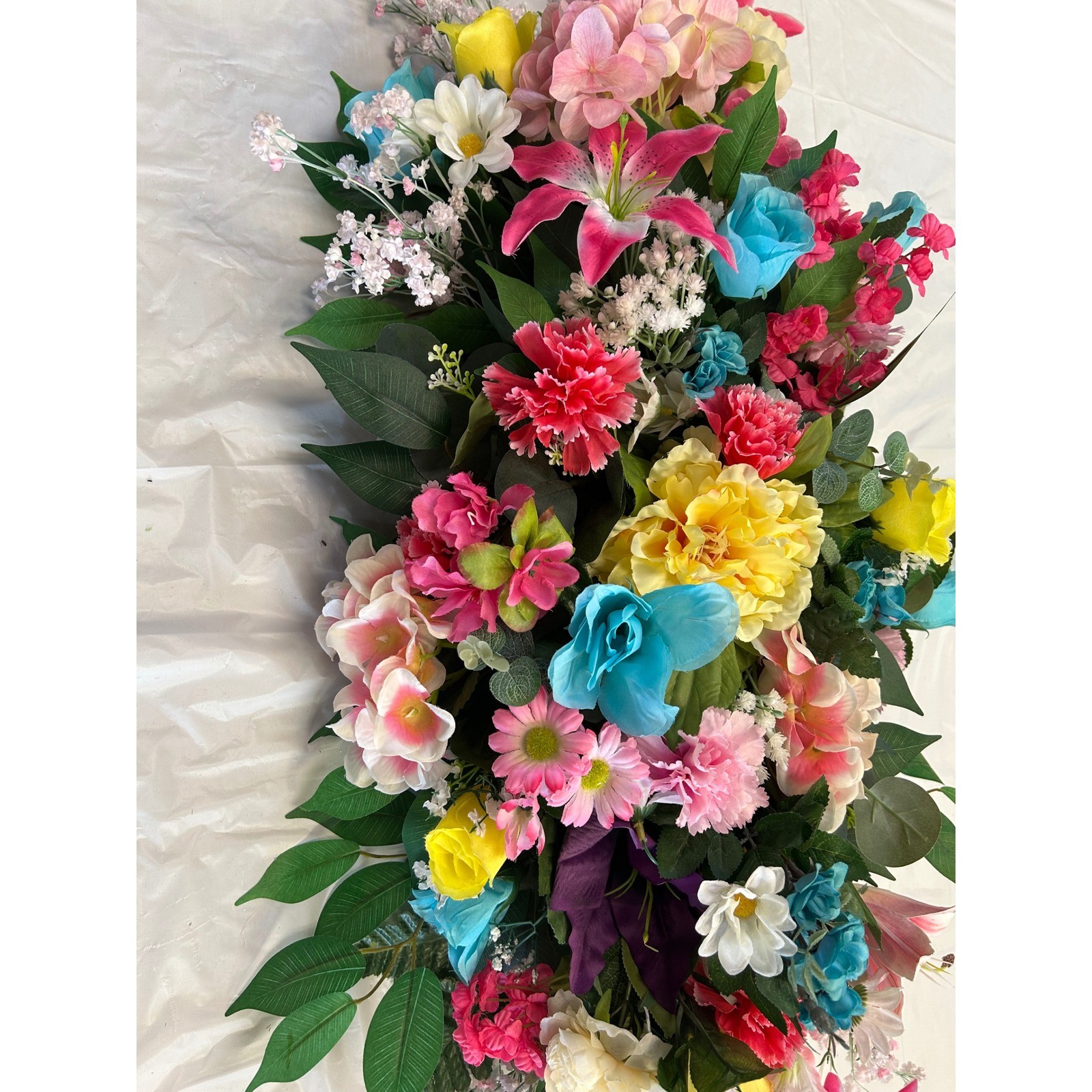 Multi Color Floral Saddle Cemetery Headstone Spray Faux Lilies Roses 34 Inch