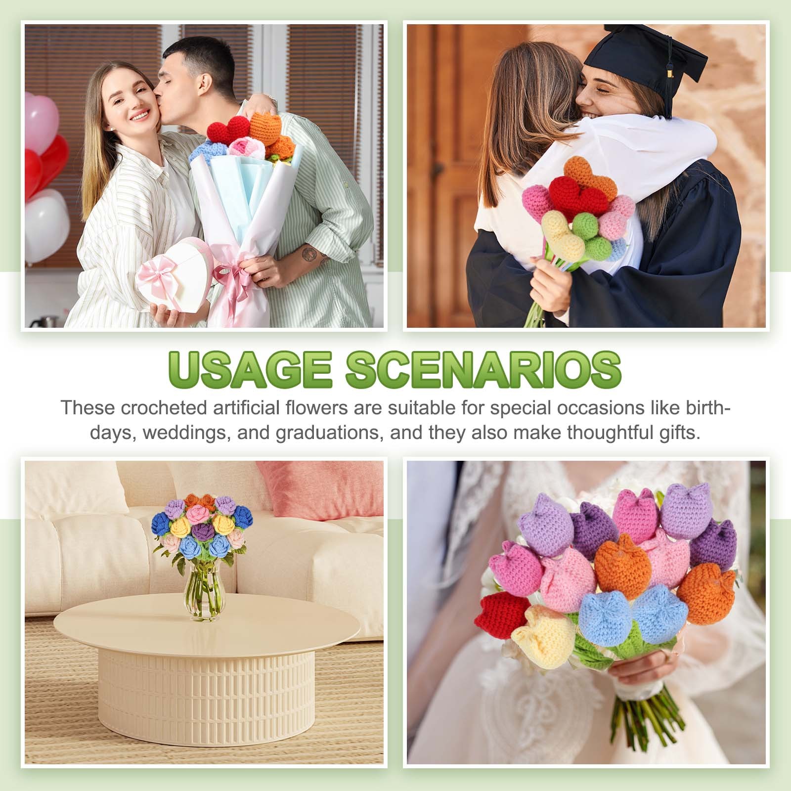6Pcs Crochet Flower Rose Handmade Knitted Bouquet Yellow Gradient