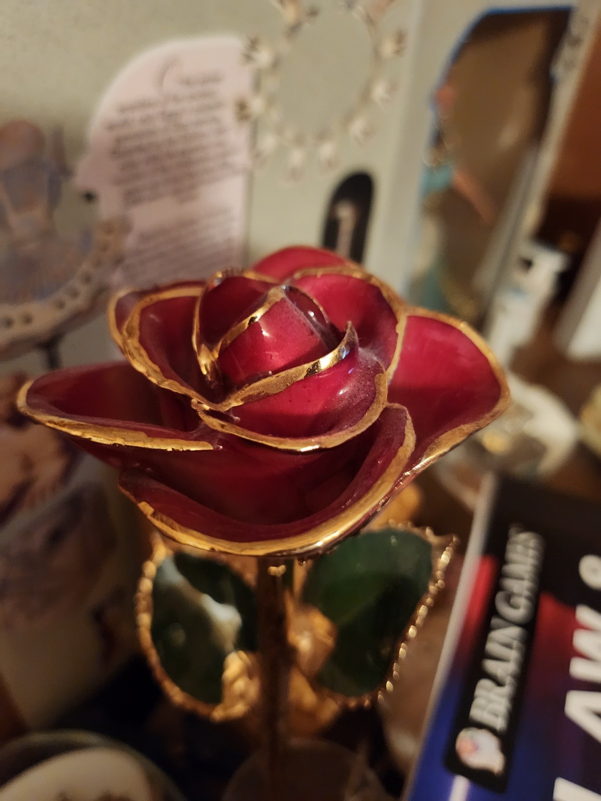 24k Gold Dipped Gold Red Opened Long Stem Rose