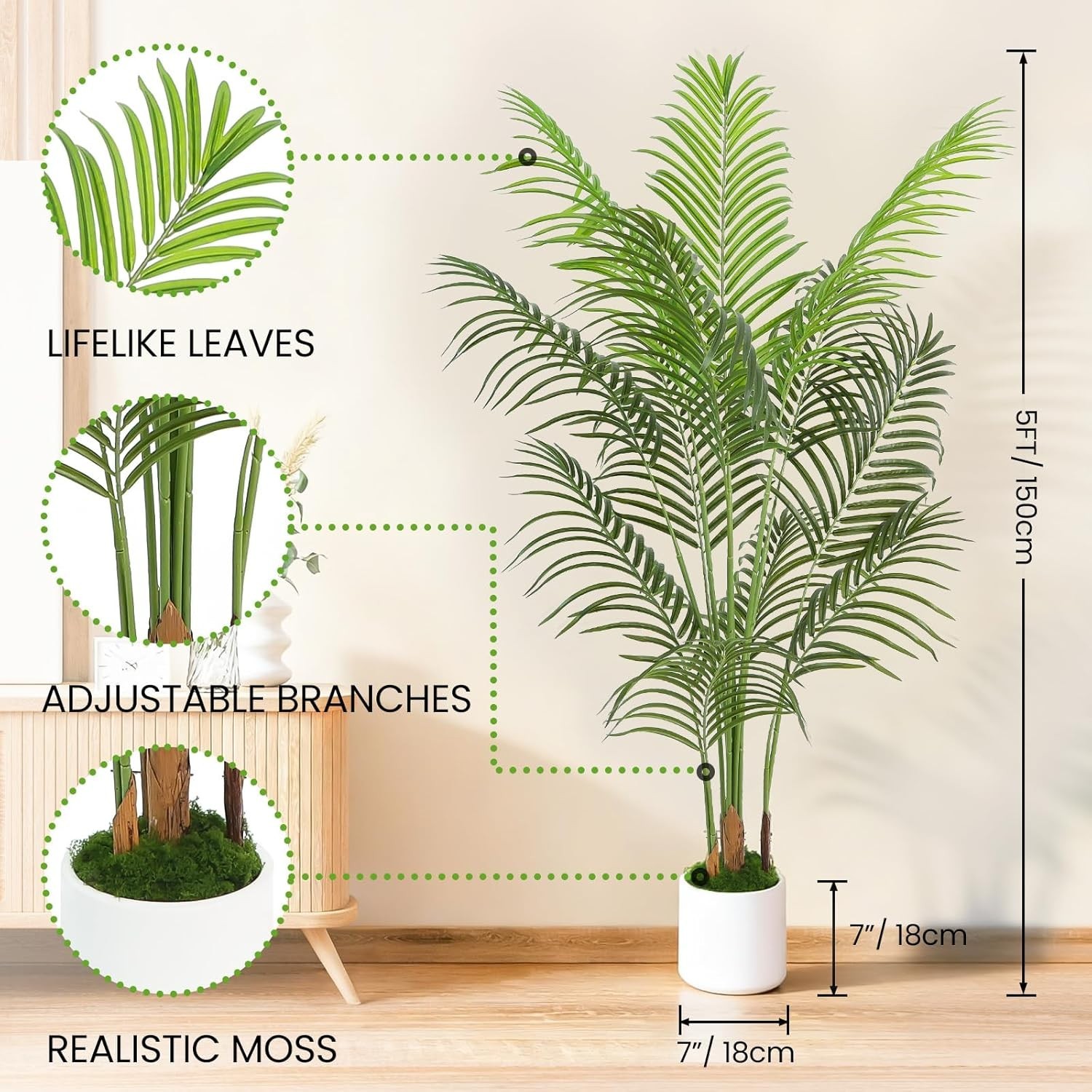 NEW 5FT Artificial Palm Tree Areca 12 Leaves White Planter Indoor Outdoor