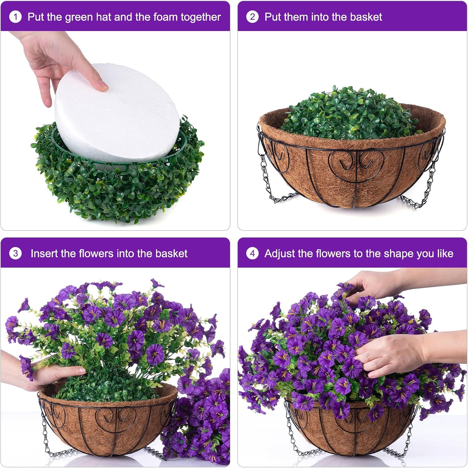 UV Resistant Faux Purple Morning Glory Basket for Outdoor Spring Decor