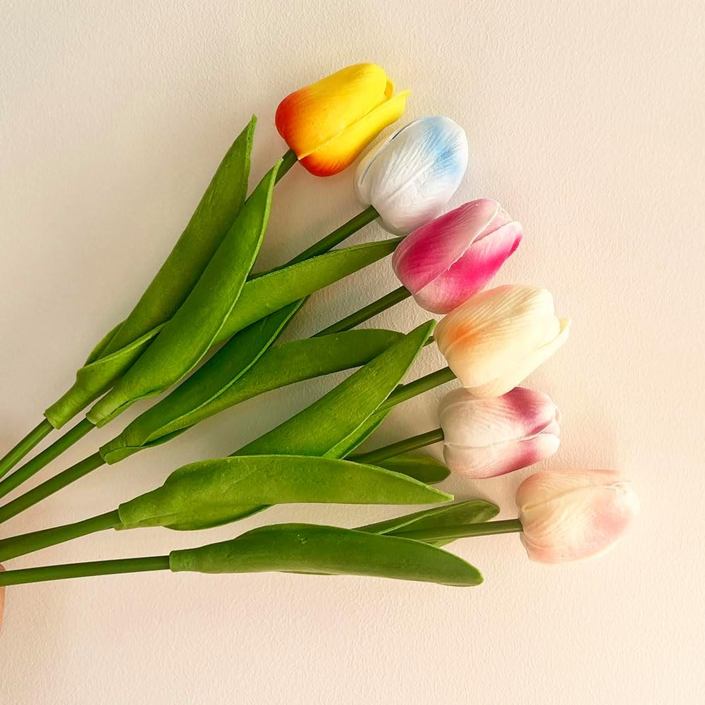 24PCS PU Artificial Tulips Fake Flowers for Wedding Bouquets Real Touch Latex T