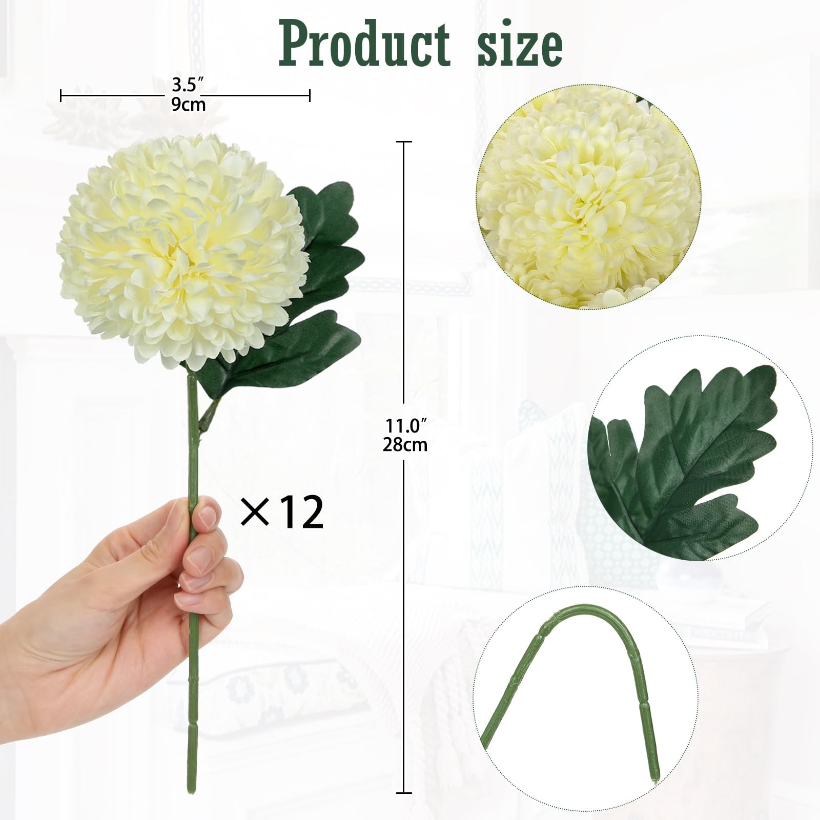 12 Pcs Artificial Cream White Chrysanthemum Stems – 11” Tall Silk Mums Flower…