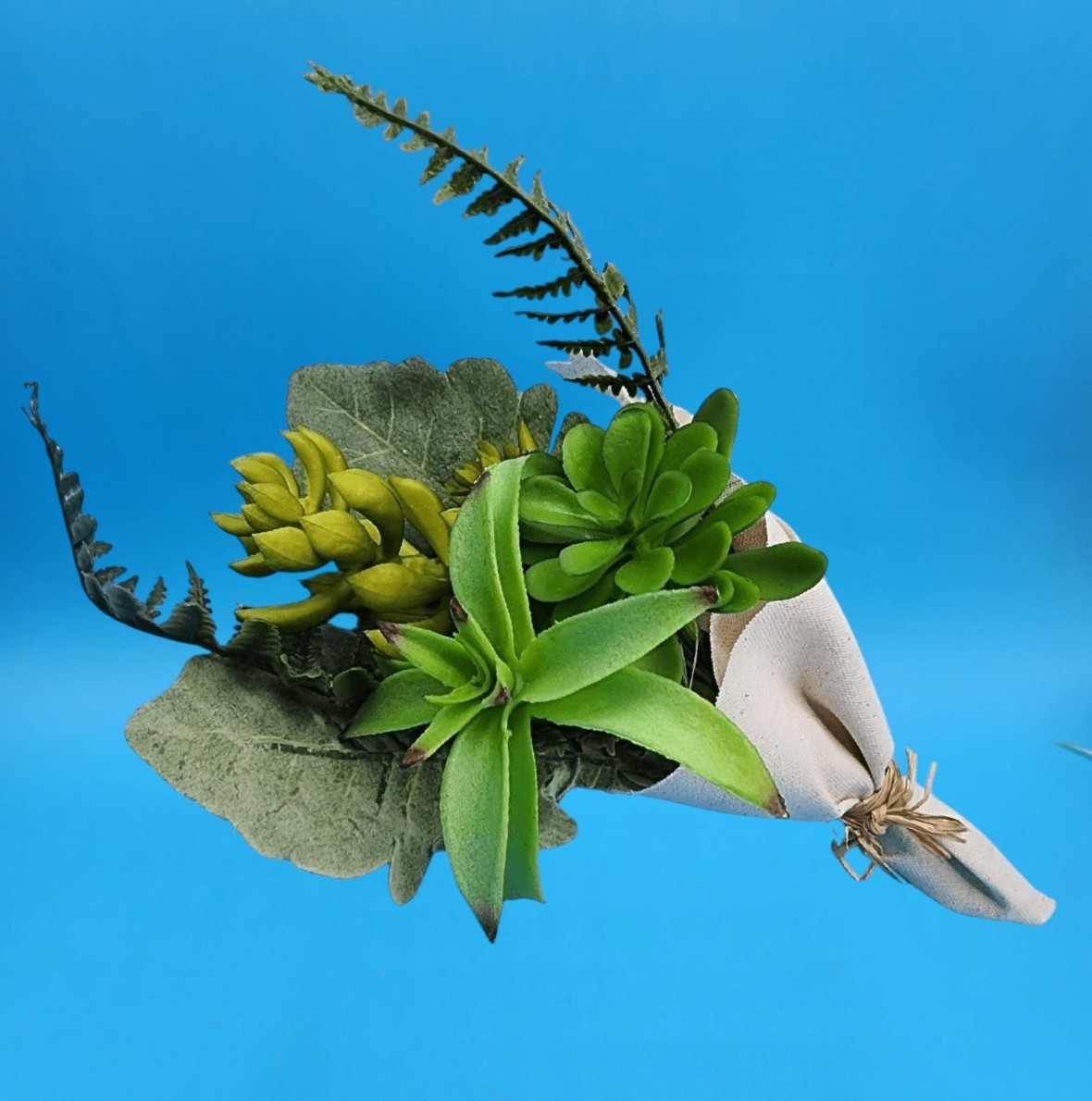Artificial Green Succulent Bouquet Plant Leaves Wrapped Natural Cotton Cloth