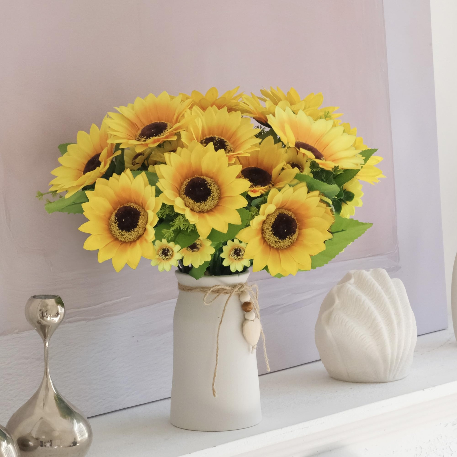 Sunflower Arrangement Cream Vase Silk Flowers Jute Rope Heart Table Decor