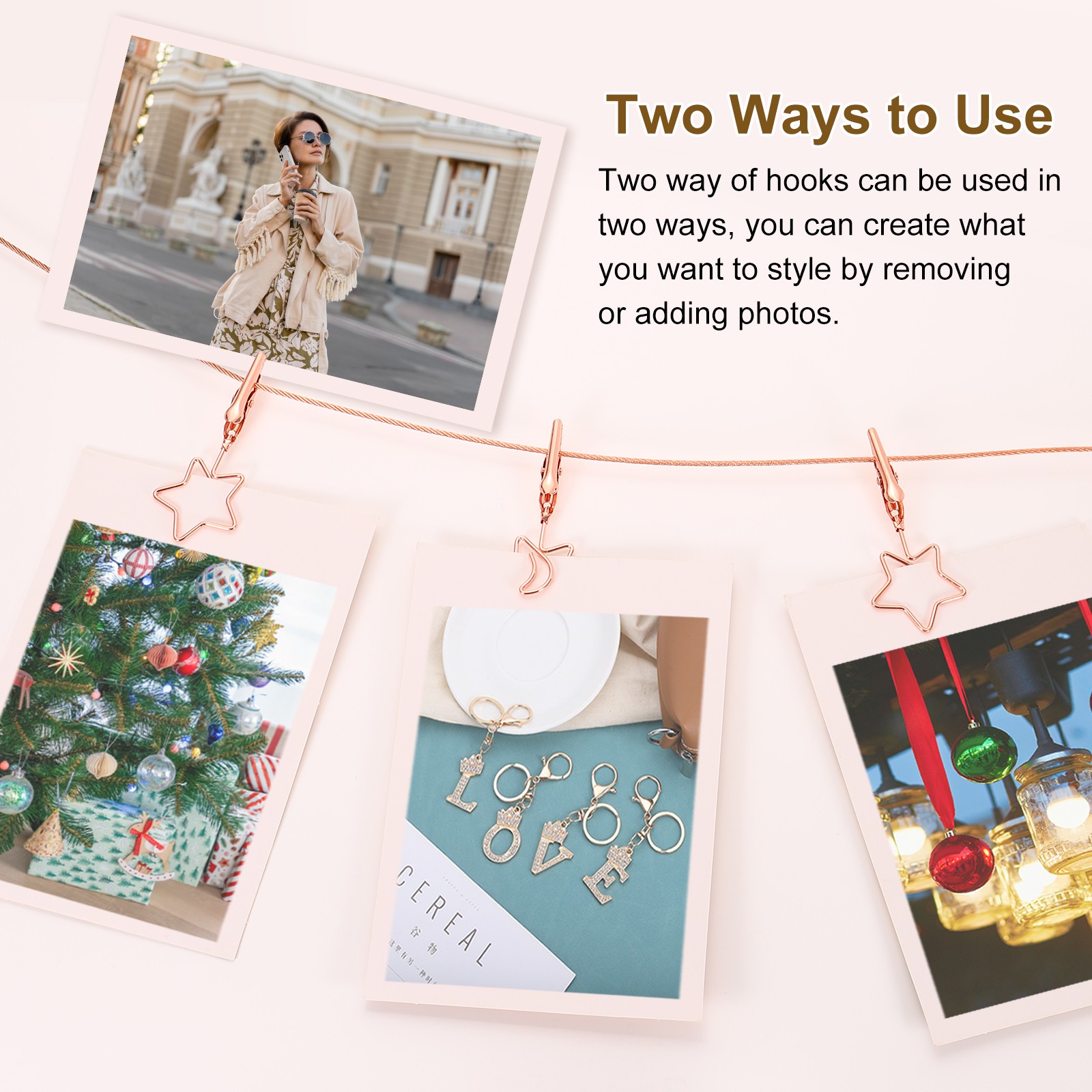 Wall Hanging Photo Display Cable Wire Rod with 10 Star Shaped Clips, Rose Gold
