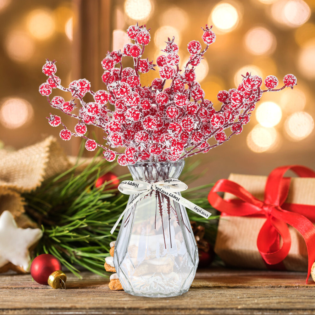 10PCS Frosted Stems Red Christmas Tree Decoration Fruit Lifelike