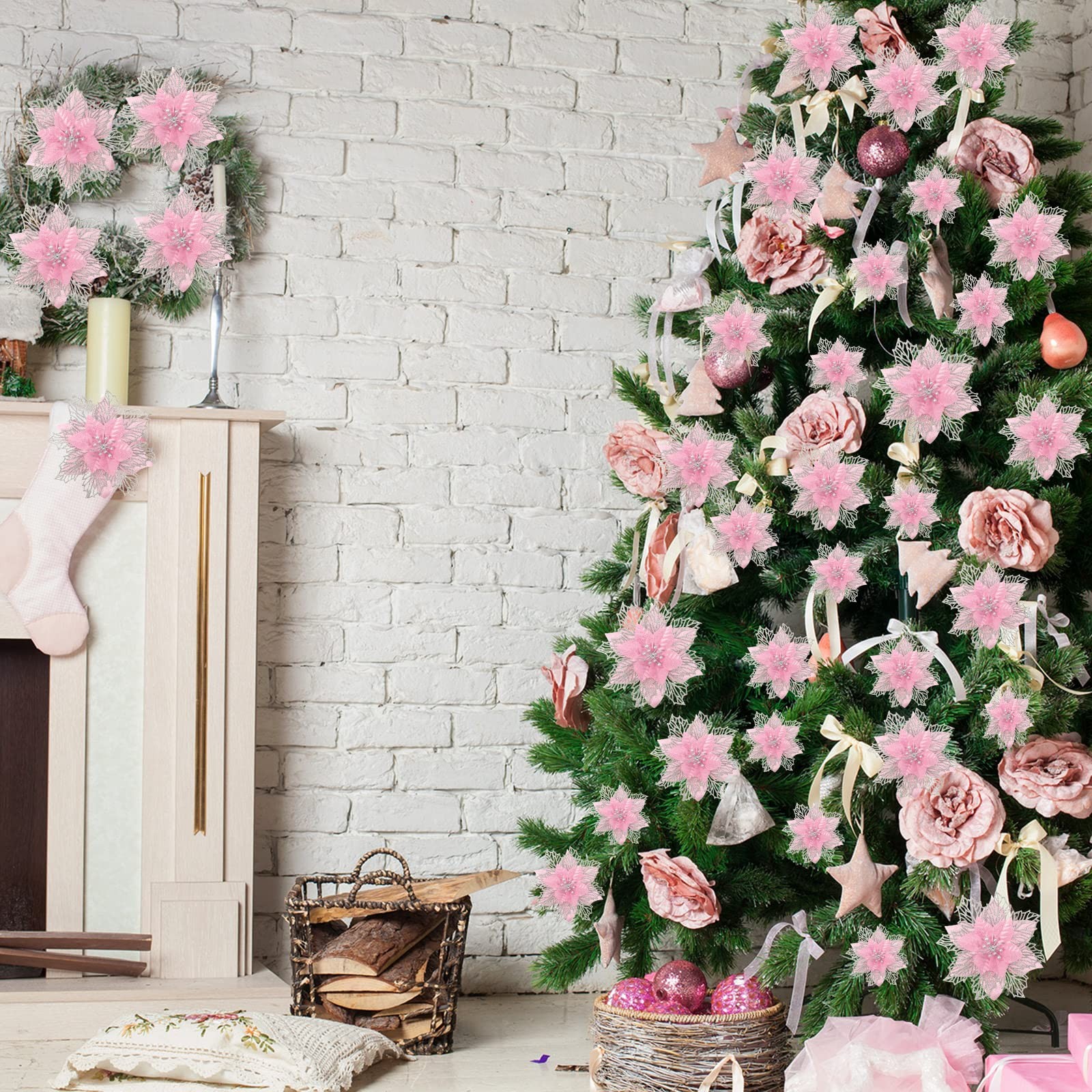 24 PCS Pink Happy New Year Glitter Poinsettia Artificial Flowers 3/4/6 Inch