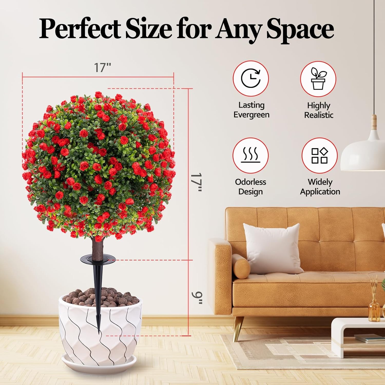 2 Set Artificial Rose Boxwood Topiary Ball Tree 26″ UV Resistant Faux Greenery