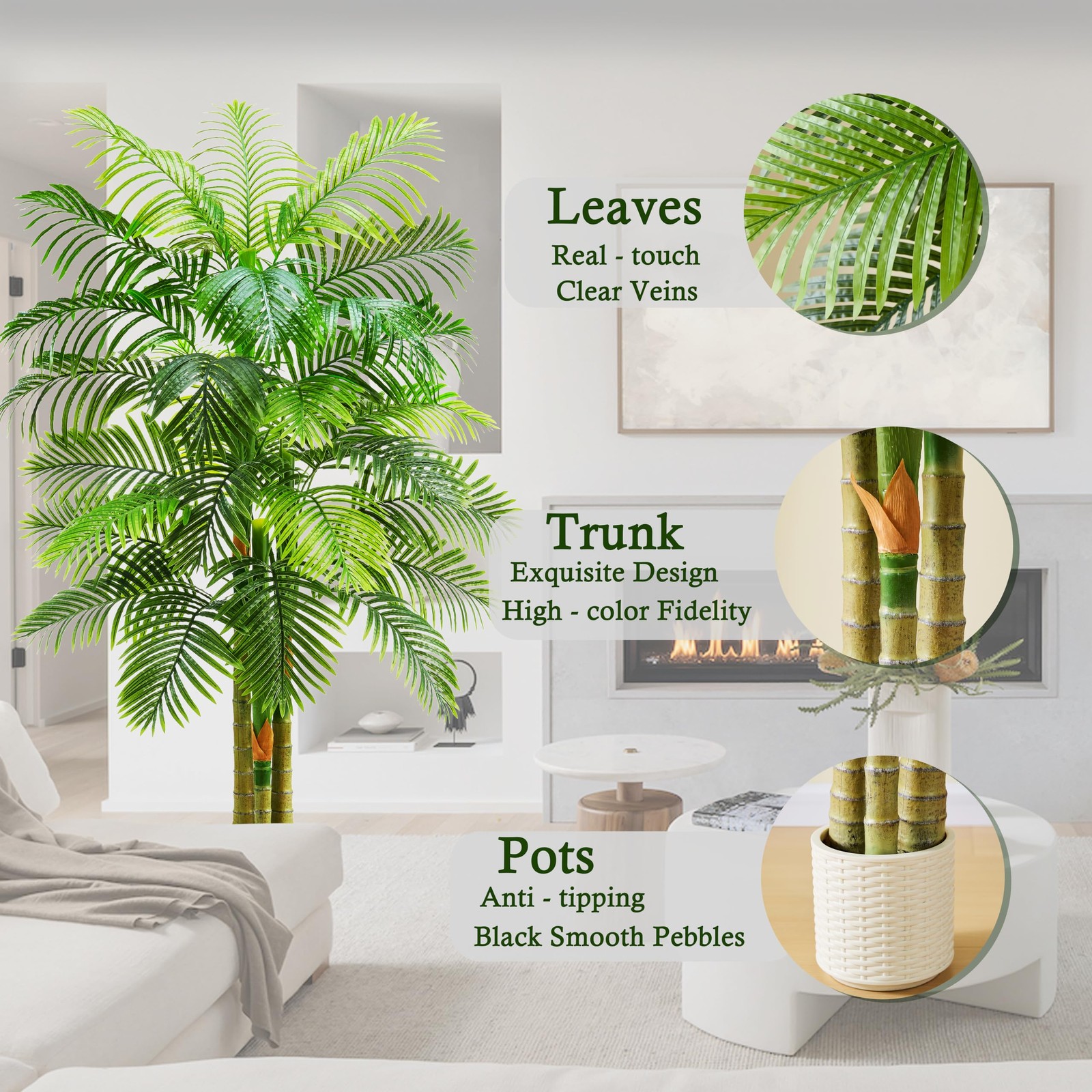 TNGGNT Artificial Golden Cane Palm Tree：6T Fake Large Tropical Areca Palm Trees