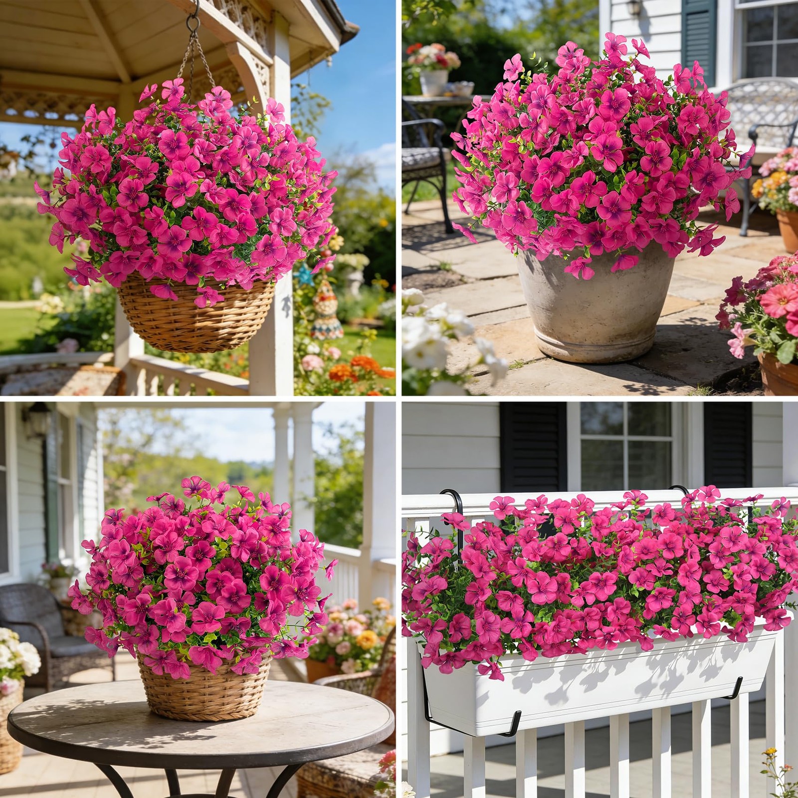 12 Pcs Artificial Silk Geranium Flowers for Outdoors, Fuchsia