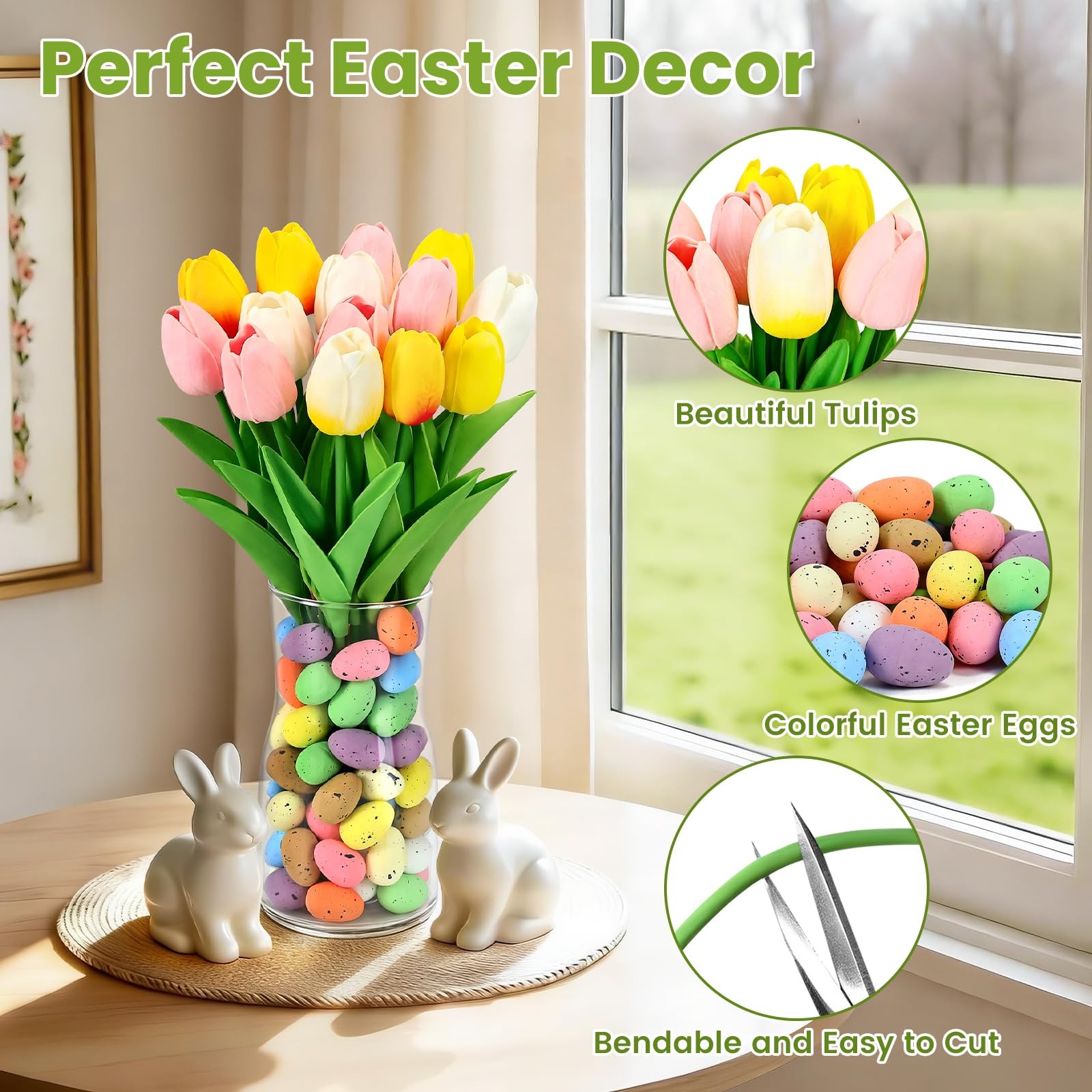 Spring Easter Decorations 12 Artificial Tulips with Easter Colorful Eggs and …