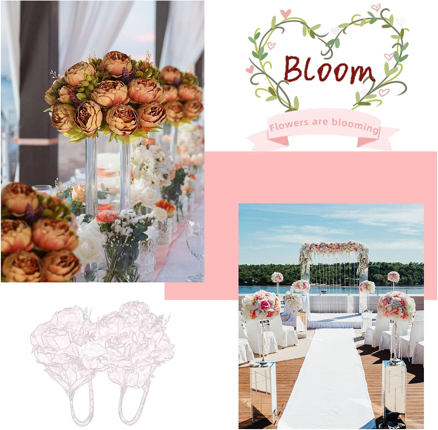 2 Bunches Artificial Silk Peony Vintage Flower Bouquet for Party Home Table Cent