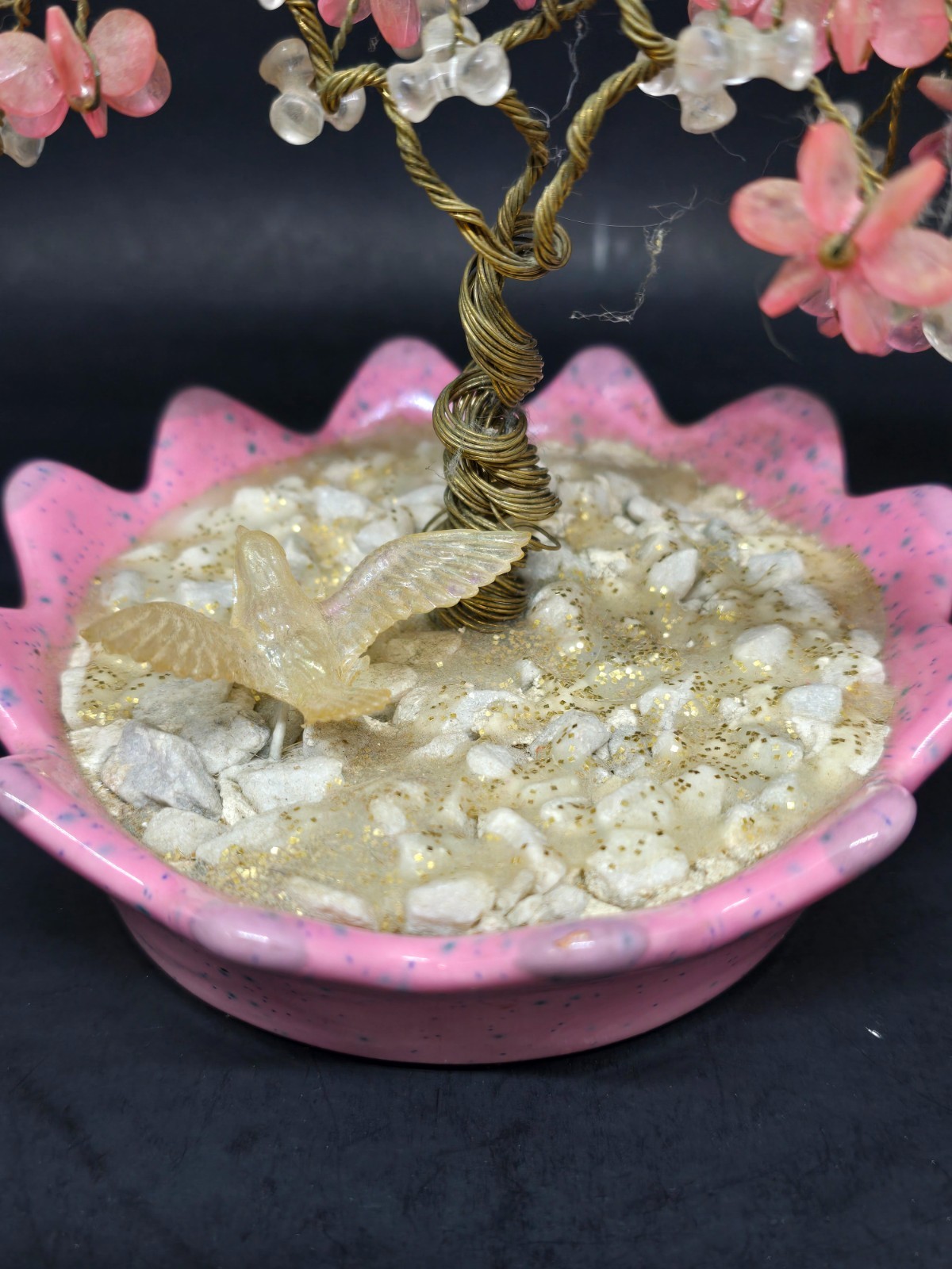 Copper Wire Bonsai Tree, Pink & White Beads, White Rocks Pink Bowl Home Decor