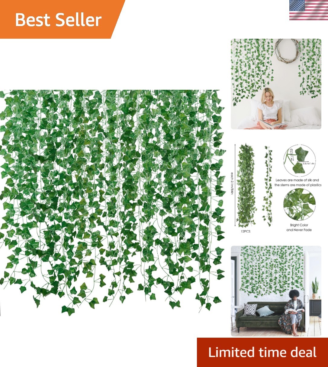 Artificial Ivy Leaves Hanging Greenery – 12 Pack, 7 Feet Each for Stylish Decor