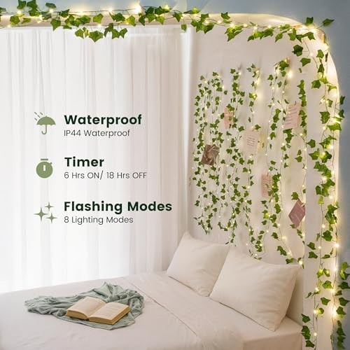 23 Ft LED Fake Ivy Vines with Fairy Lights – USB/Battery Operated Greenery Garla