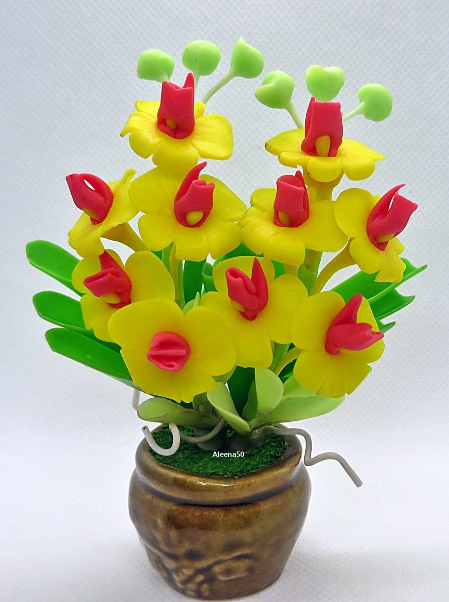 US Stock 5″H Handmade Air Dry Clay Mini Dendrobium Orchid Arranged in Pot