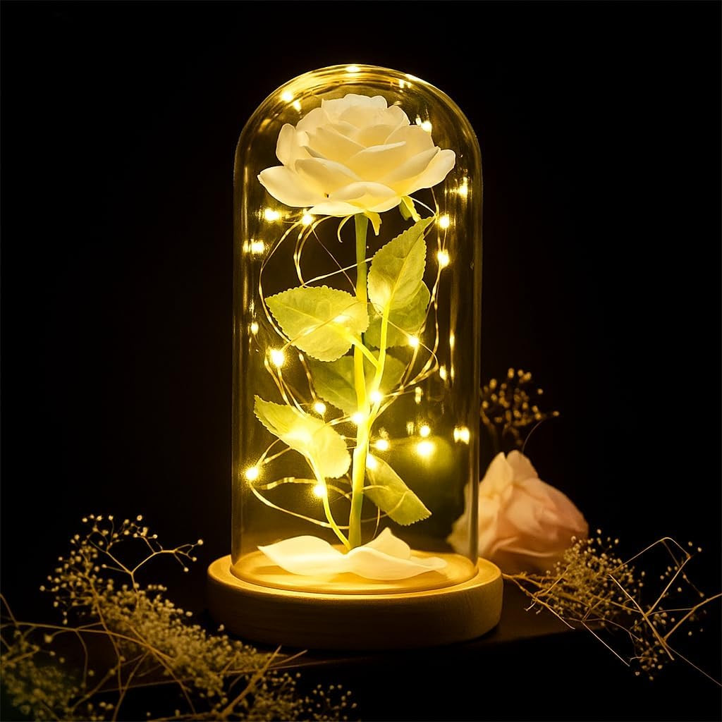 Eternal White Rose in Glass Dome with LED Lights – Light up Artificial Rose Déco