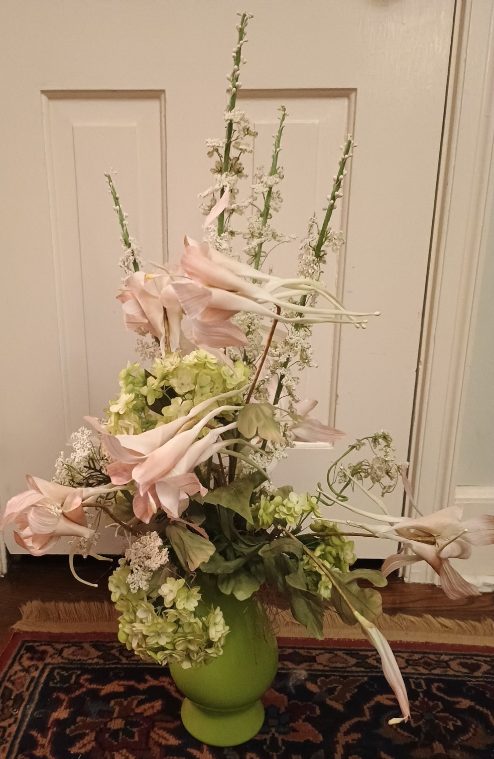 Pink Lily Delphinium Hydrangea Faux Silk Flower Arrangement Floral Green Vase