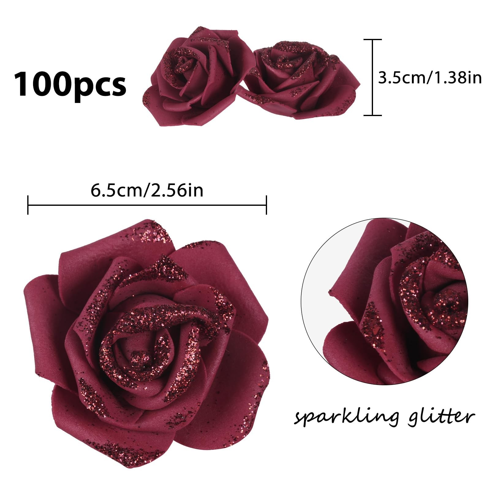 100 PCS 2.56 Inch Burgundy Glitter Foam Roses Fake Artificial Flowers Bridal