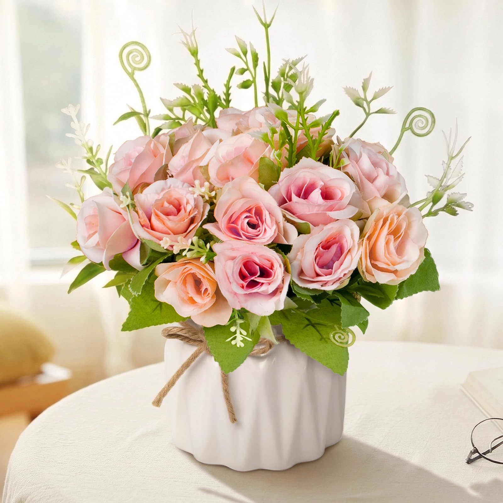 Fake Flowers with Vase,Pink Roses Artificial Flowers in Vase