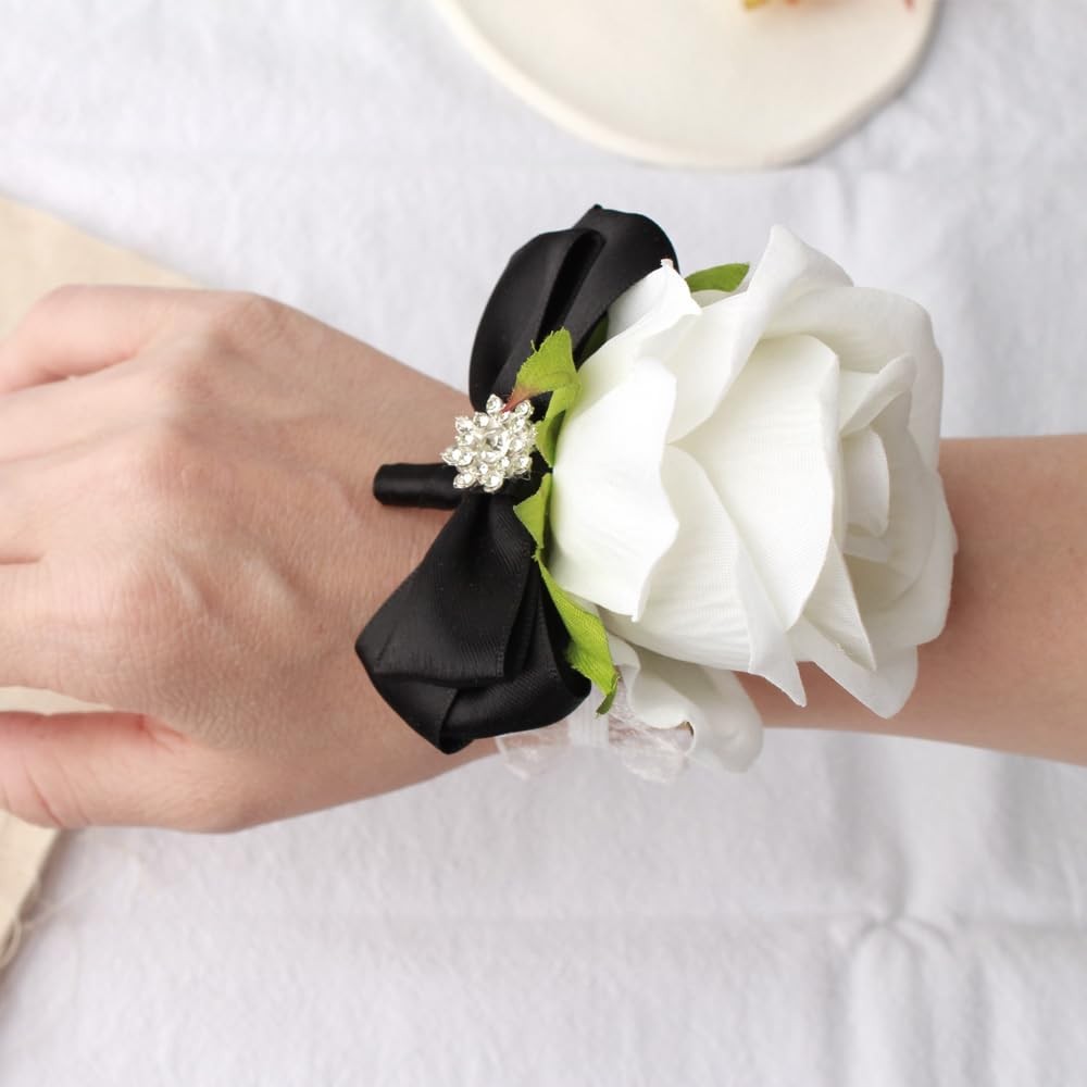 2 PCS Black White Wrist Corsage Rose Boutonniere Set Bride Groom Prom Wedding