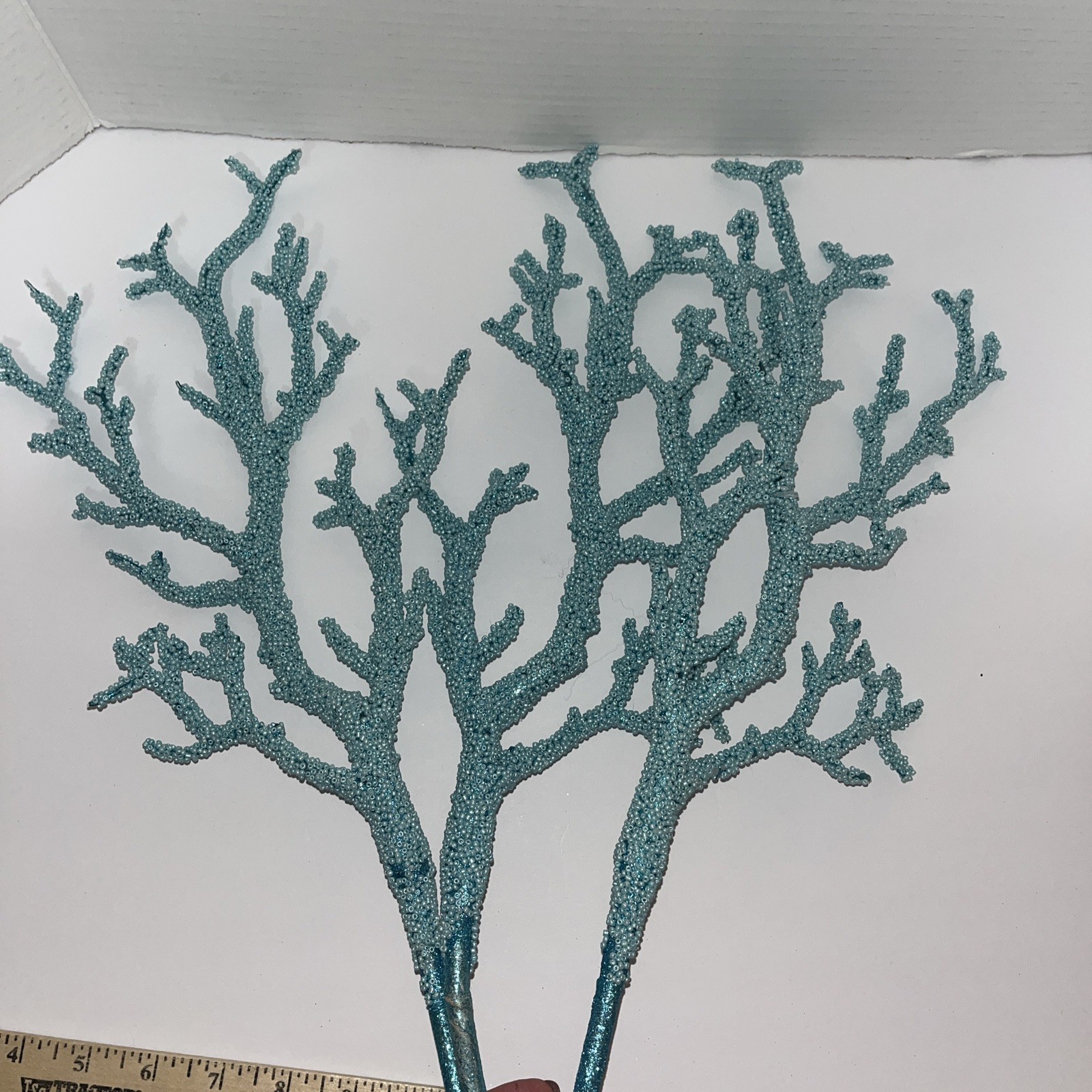 Lot Of 3 Glittered Beaded Twig Branch Spray Blue Coral Nautical Branch Florals