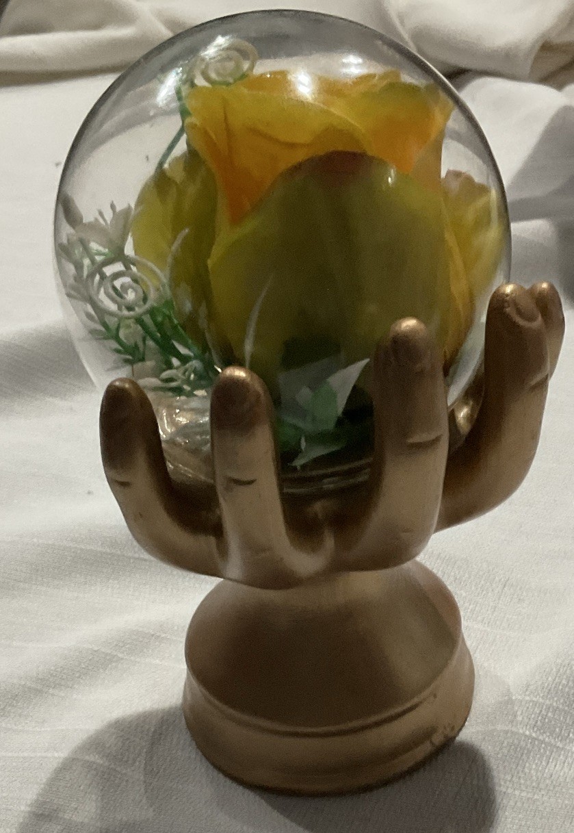 Artificial Yellow Rose Flower Arrangement in Glass Globe with Gold Hand Stand