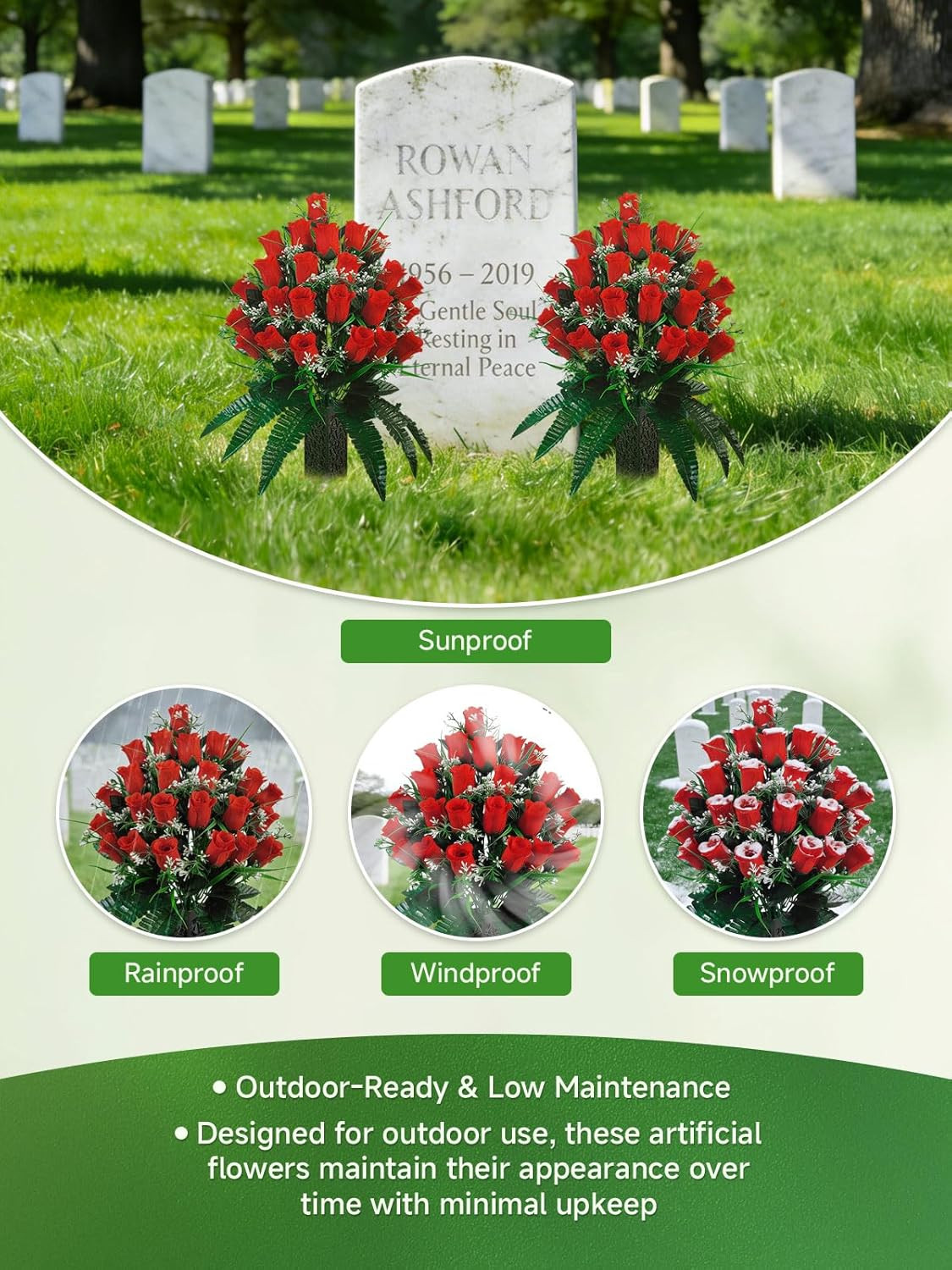 Set of 2 Cemetery Flowers for Grave with Spiked Vases, 24-Stem Red Artificial Ro