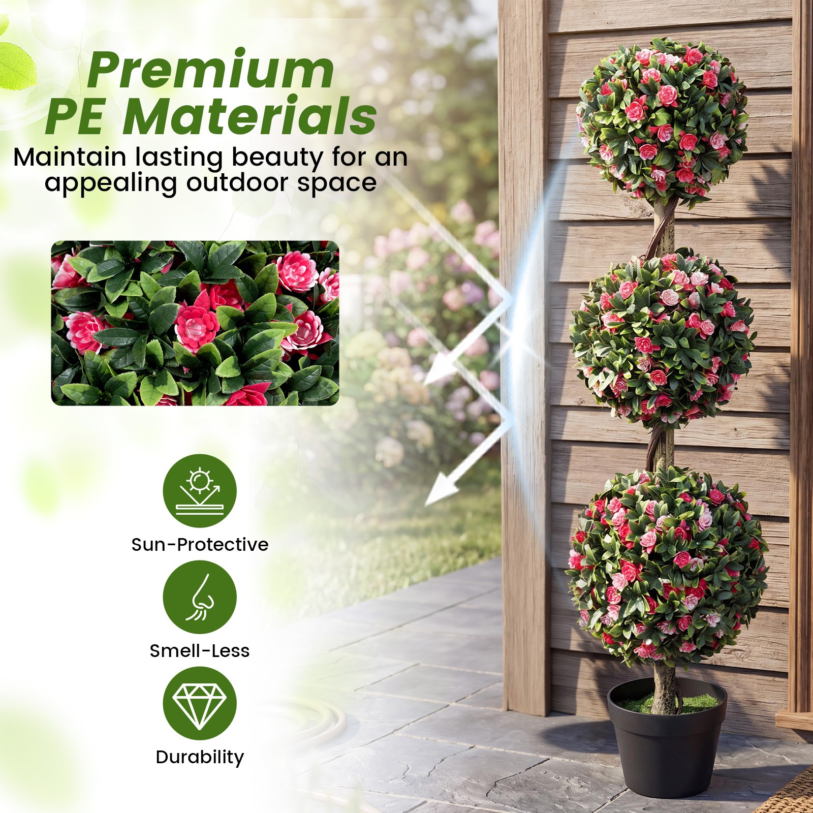 43.5” Artificial Triple Ball Rose Topiary Tree w/Lifelike Blooms & Green Leaves