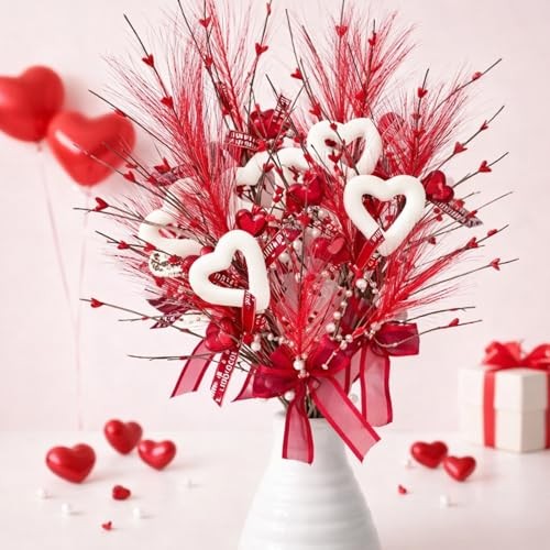 6 Pcs Valentine’s Day Heart Shaped Berry Feather Picks 19.7 Inch Artificial