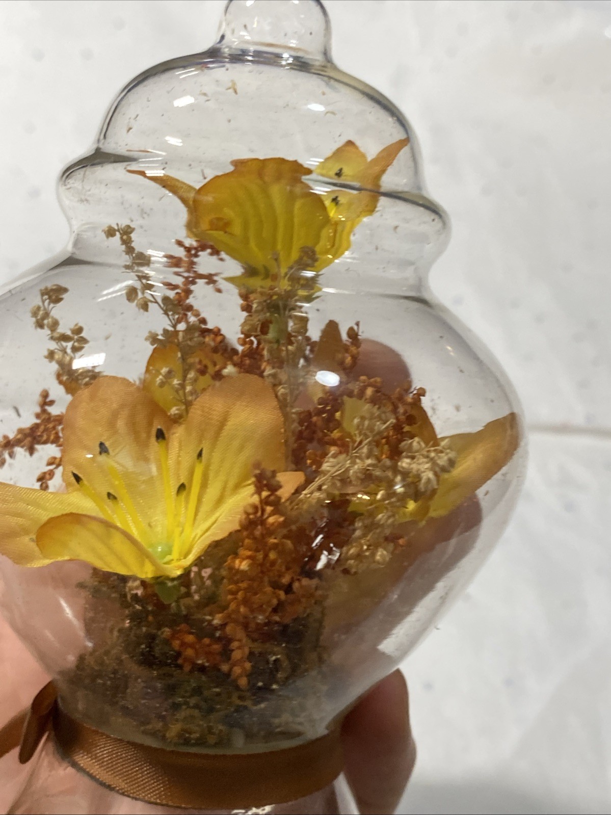 Vintage Glass Dome Egg Cloche Yellow Flowers