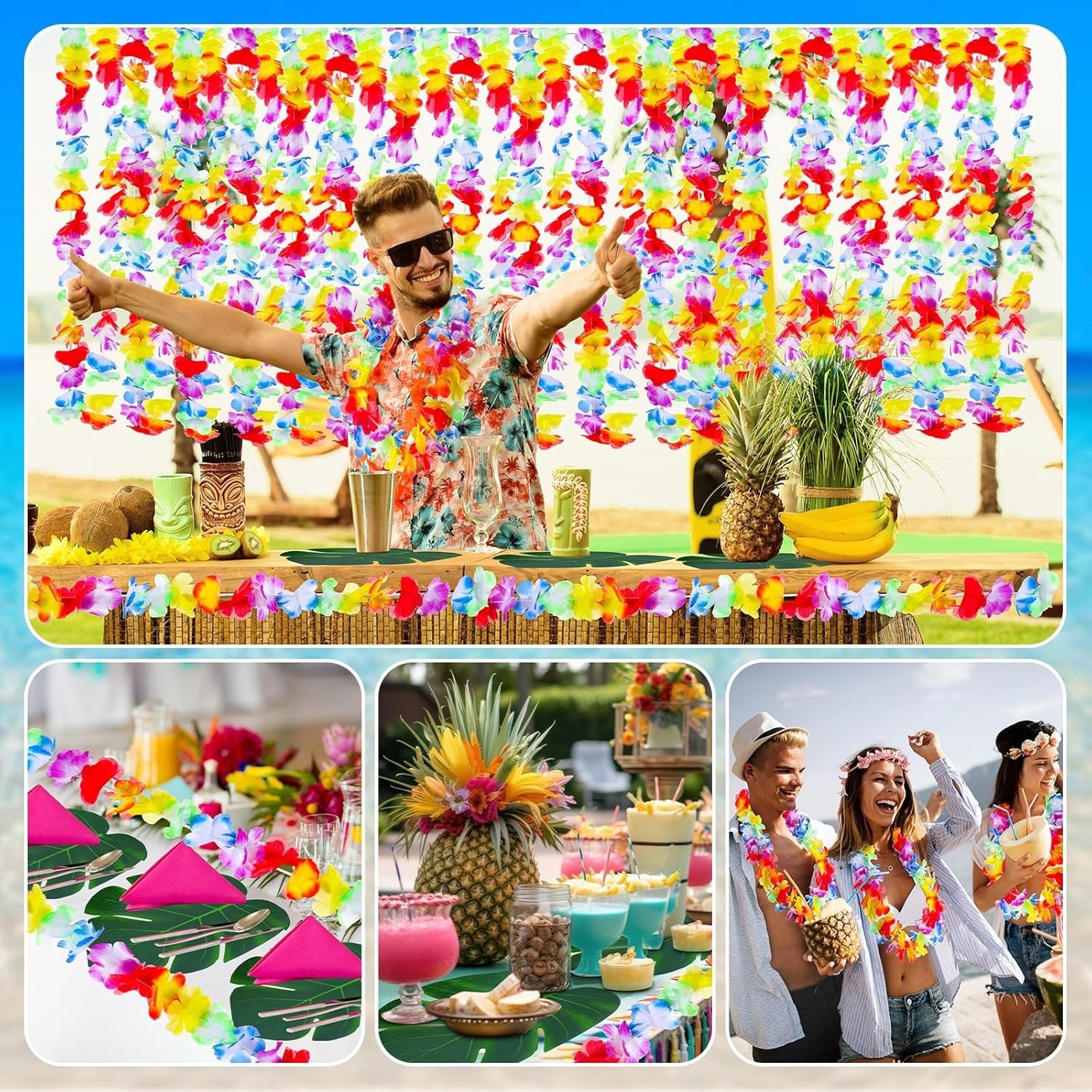 20 Pcs Multicolor Tropical Flower Lei Garland 60 Pcs 8 Inch Palm Leaves Artifici