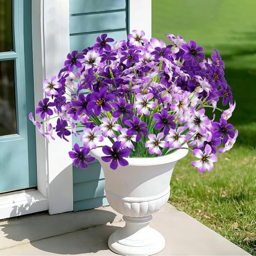 16 Pcs Artificial Flowers for Outdoors, UV Resistant Fake Pansy Silk Purple