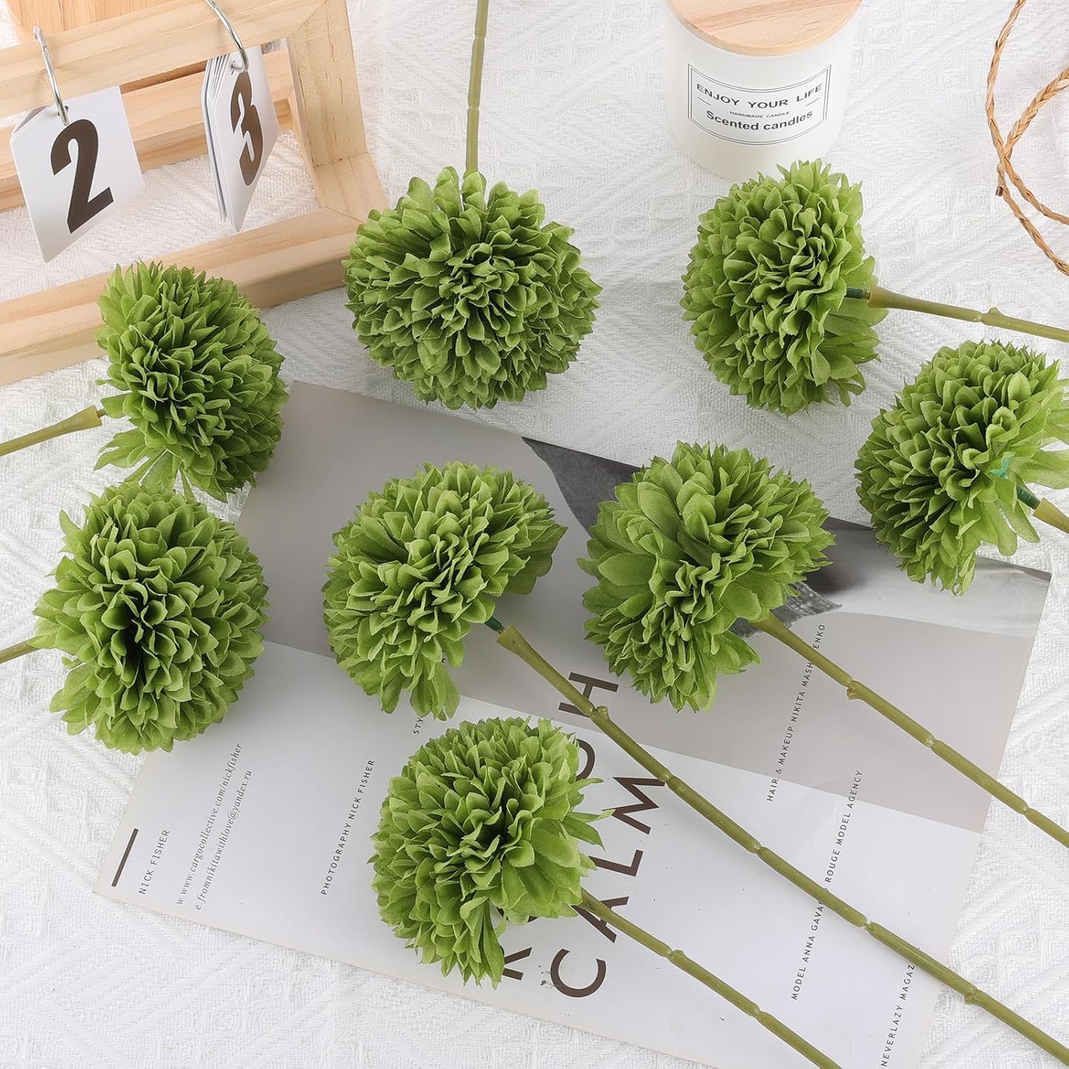 12 Pcs Artificial Chrysanthemums Flowers Green Flowers Silk Fake Mums Flowers fo