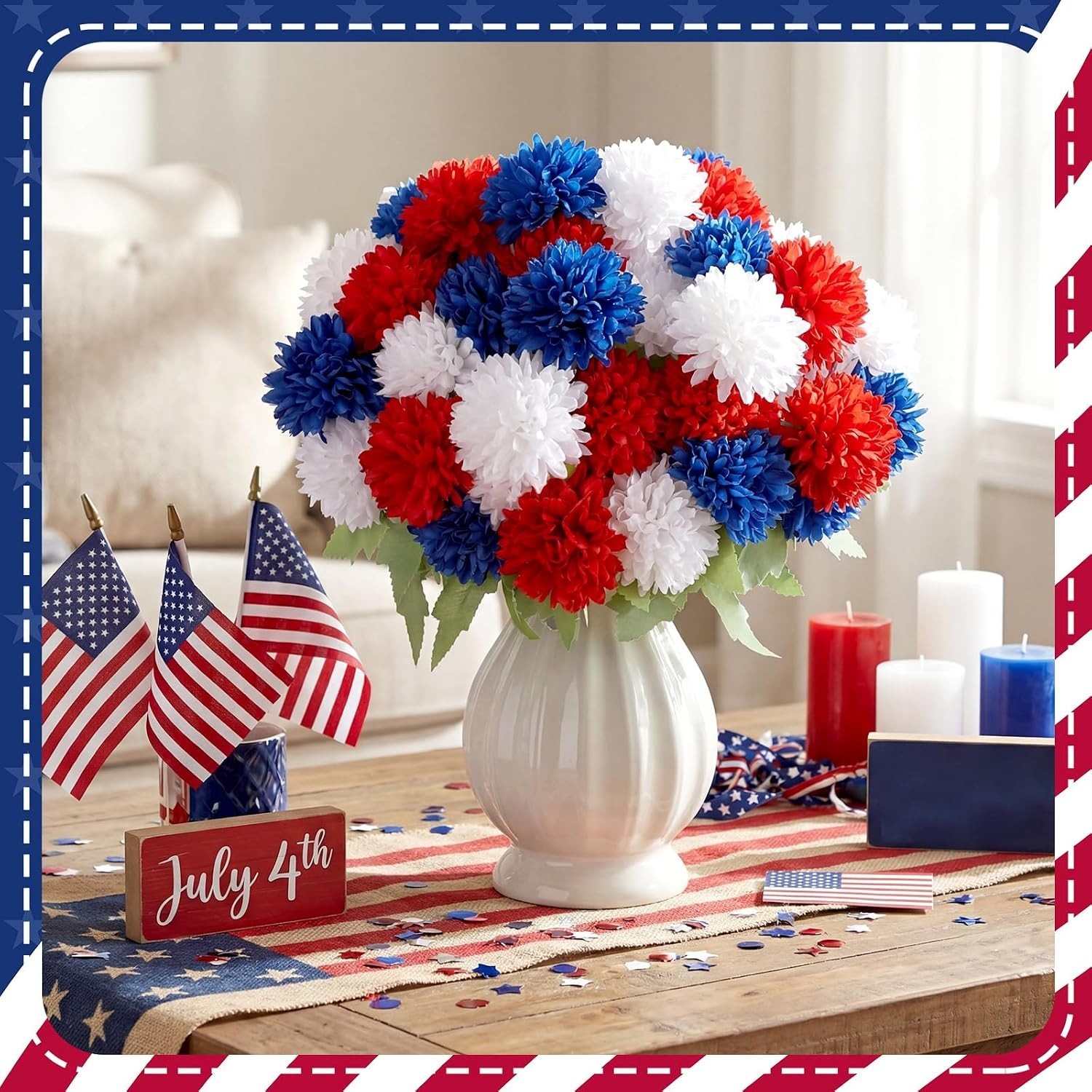 Patriotic Red White Blue Silk Chrysanthemum Flowers