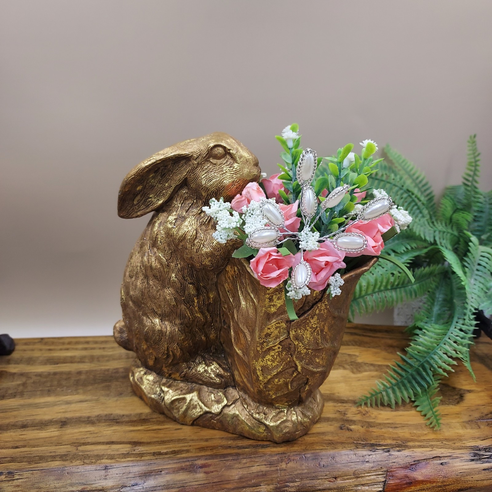 BUNNY & CABBAGE PLANTER Table Decor Gold Rabbit w Pink Mini Roses / Flowers