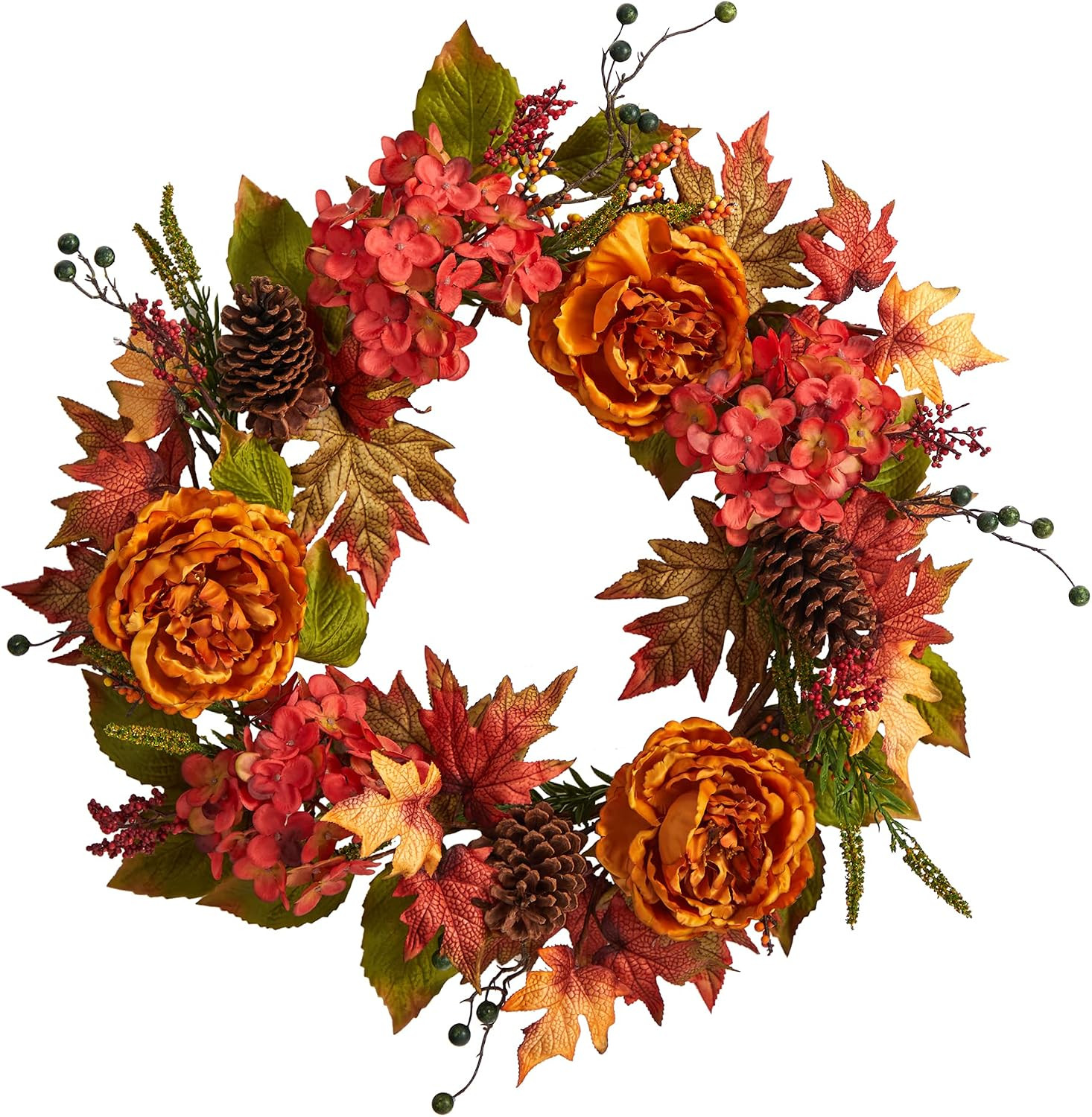 25In. Fall Ranunculus, Hydrangea and Berries Autumn Artificial Wreath