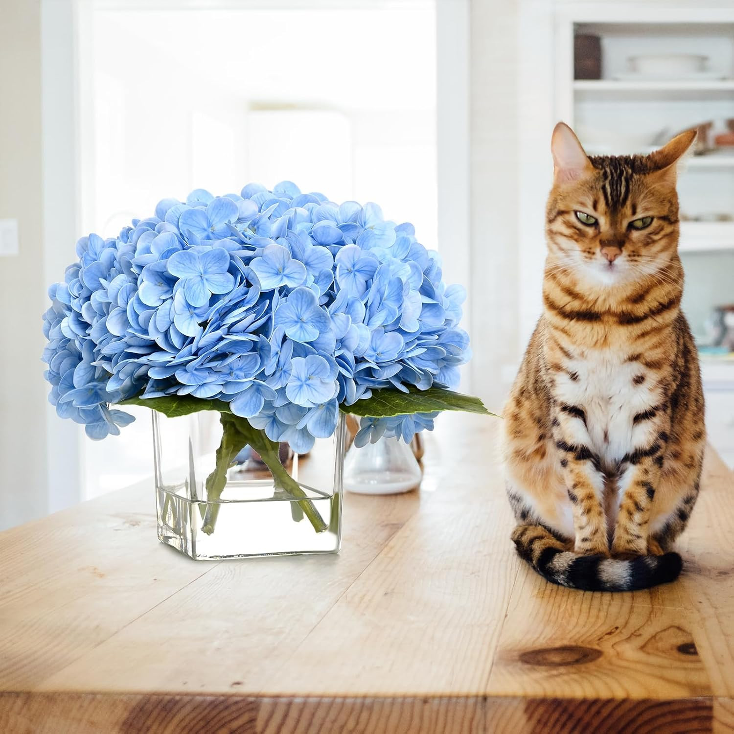 Luxury PU Fake Flowers in Vase with Faux Water, Blue Real Touch Hydrangea Artifi