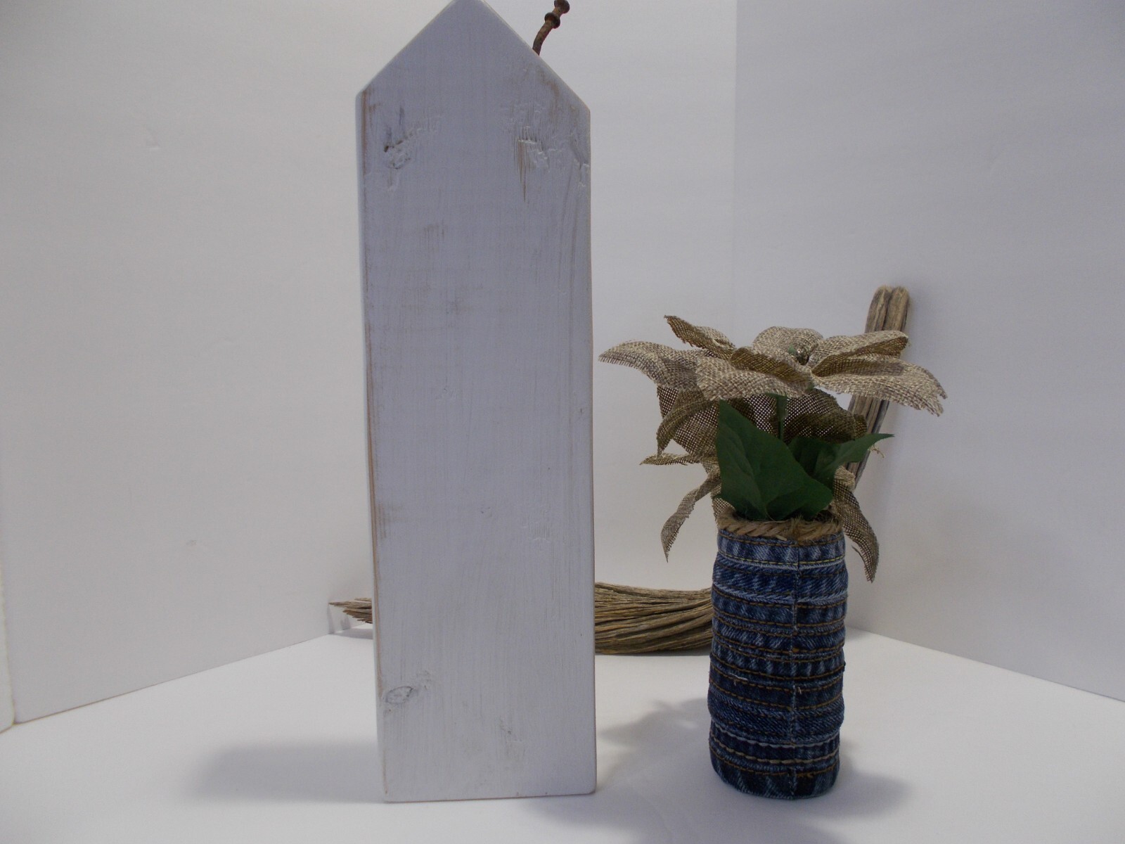 Small Denim Vase from Denim Side Seams w Burlap Flowers & Painted Wooden House
